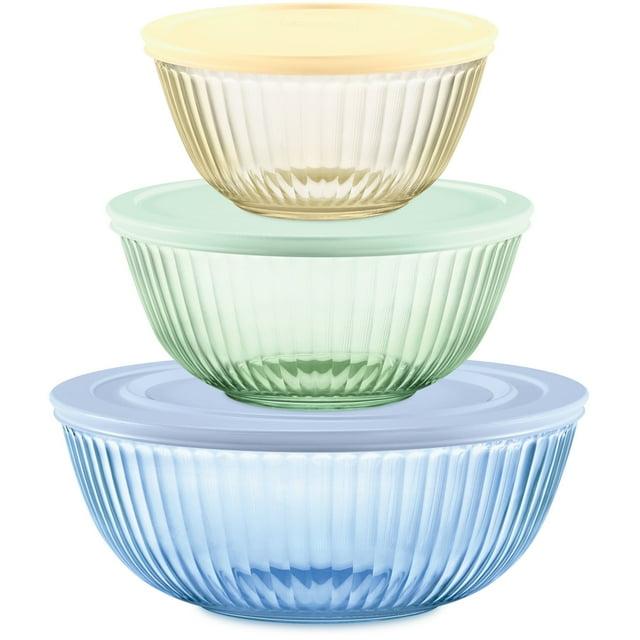 Pyrex® Sculpted Tinted 6pc Lidded Mixing Bowl Set: Glass Bowls with Lids, Dishwasher-Safe, Multicolored