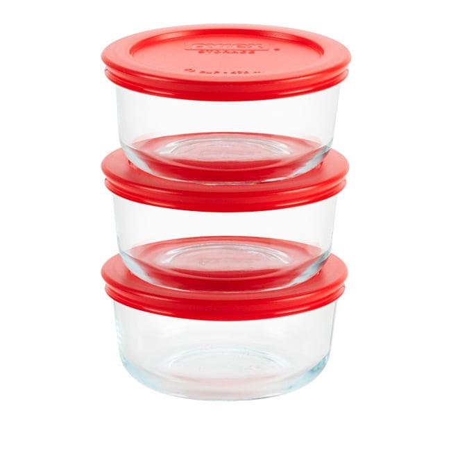 Pyrex 2 Cup 6pc Round Glass Food Storage Value Pack Red: Glass Storage Containers with Lids, Microwave & Dishwasher Safe