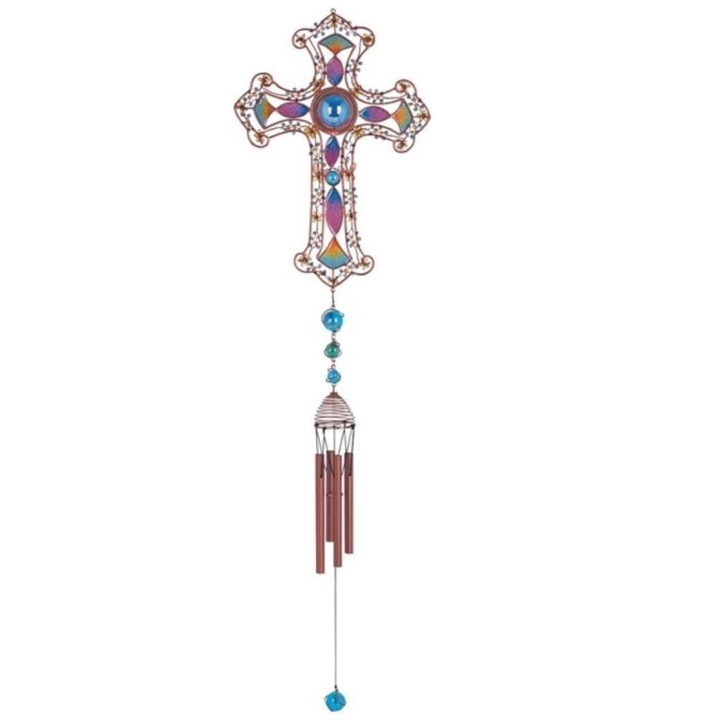 35" Multicolor Cross Wind Chime with Copper and Gem Accents