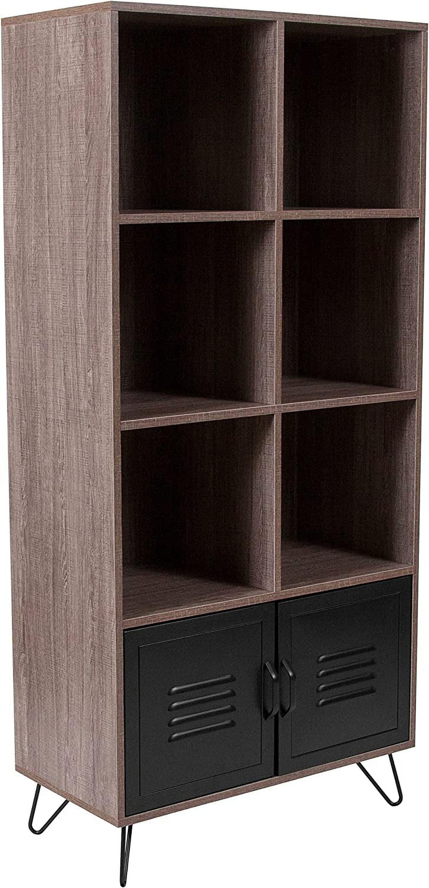 Mid-Century 60'' Black Bookcase with Metal Doors and Cubes