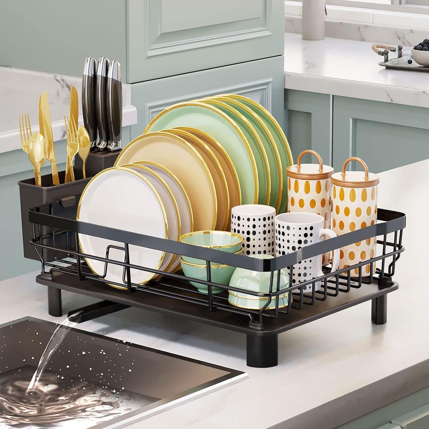 Black Stainless Steel Countertop Dish Drying Rack with Utensil Holder