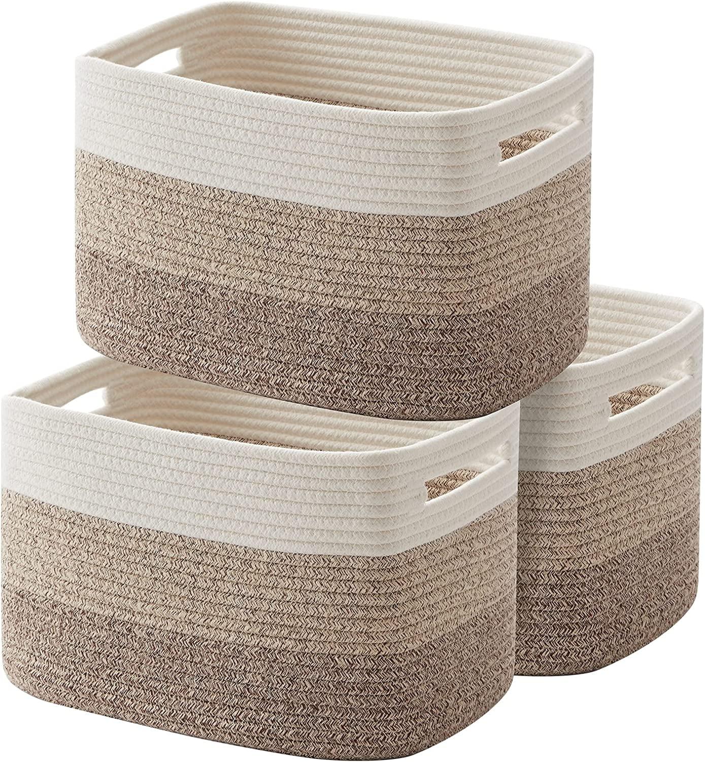 Beige and Brown Cotton Rope Rectangular Storage Baskets, Set of 3