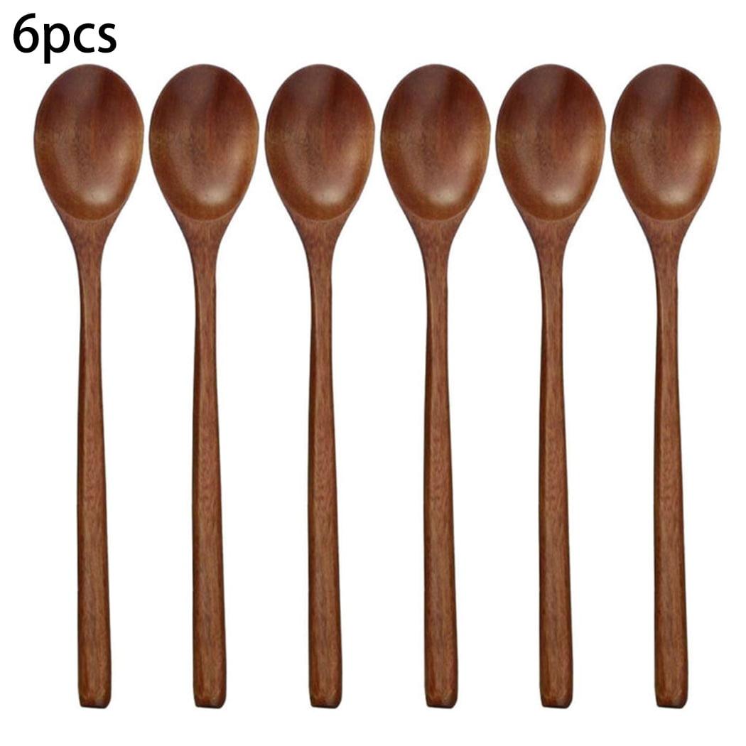 QIFEI 6Pcs Wooden Spoons, 9 inch Wood Soup Spoons for Eating Mixing Stirring, Long Handle Spoon with Japanese Style Kitchen Utensil, Eco Friendly Table Spoon