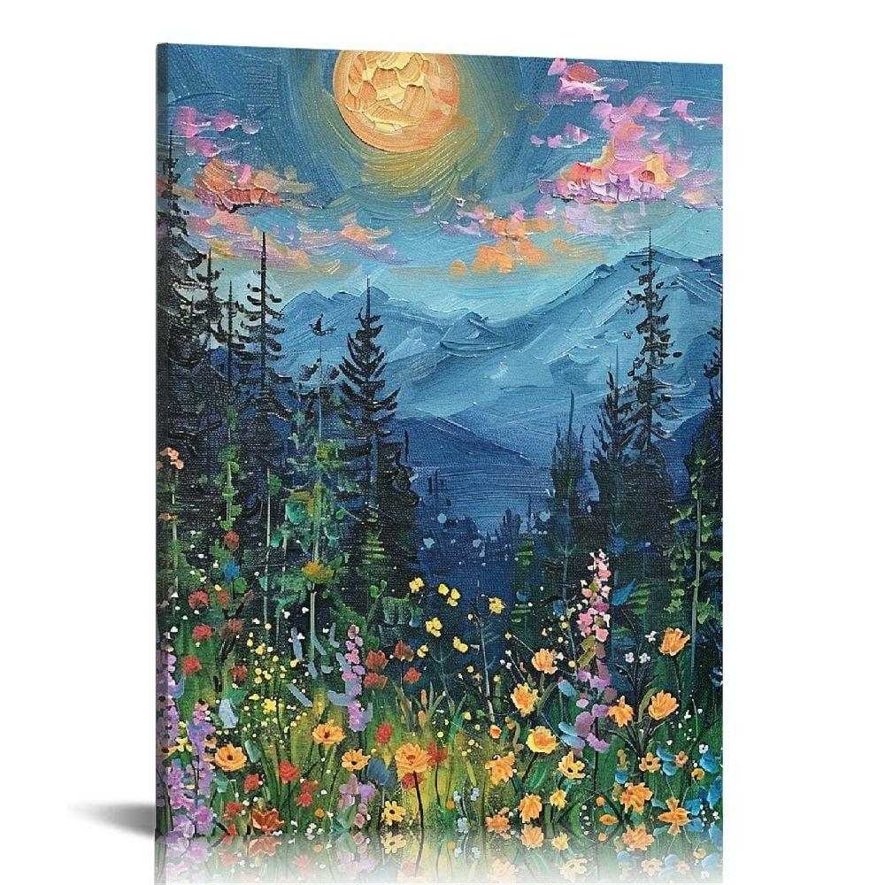 SFAOHPR Mystical Moon and Wildflowers Canvas Wall art Nature Flowers Oil Painting posters for room aesthetic Room Aesthetics Posters for Bedroom living room Home Decor ﻿12x16inch Unframed