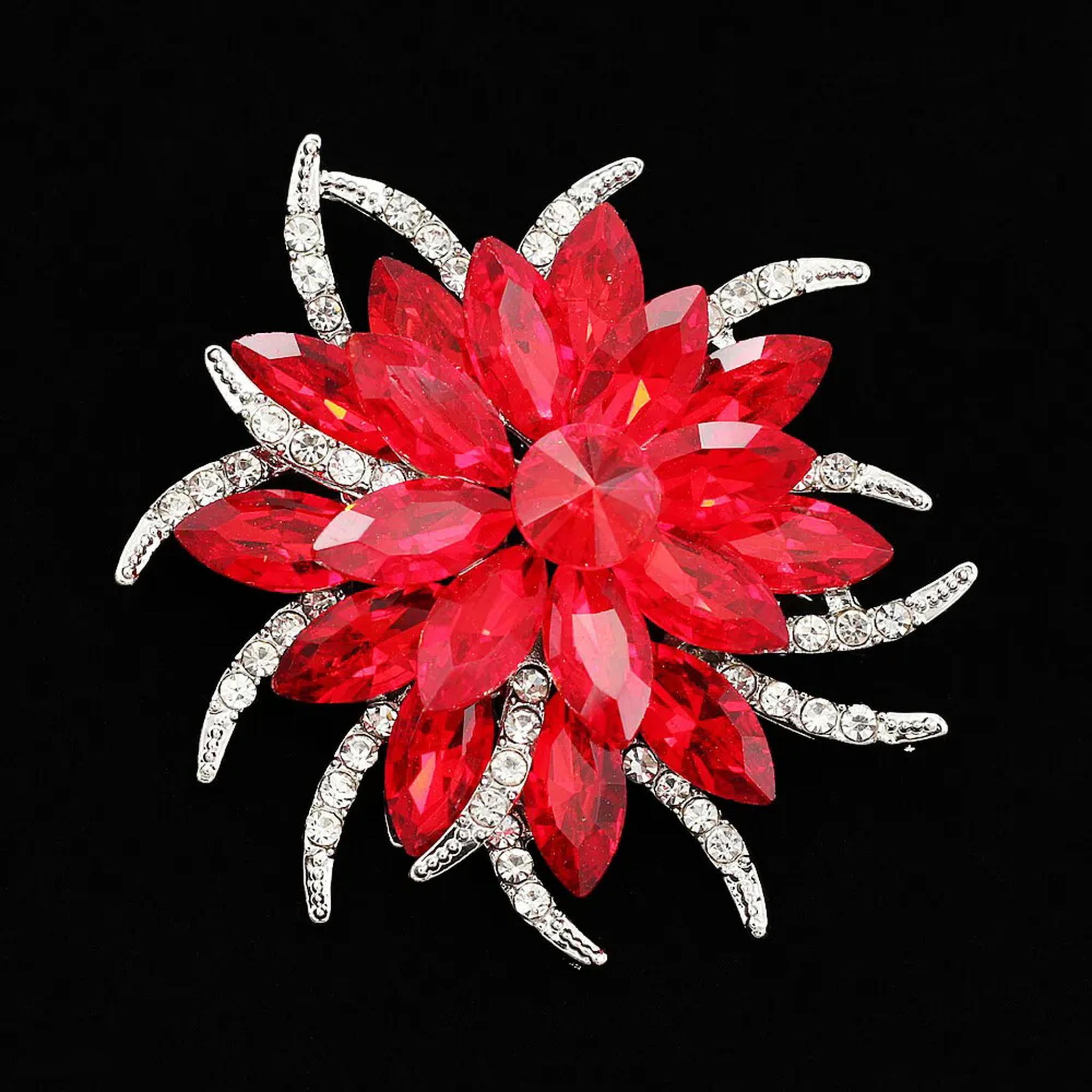 Unique Bargains Women's Rhinestone Flower Brooch Pin Red