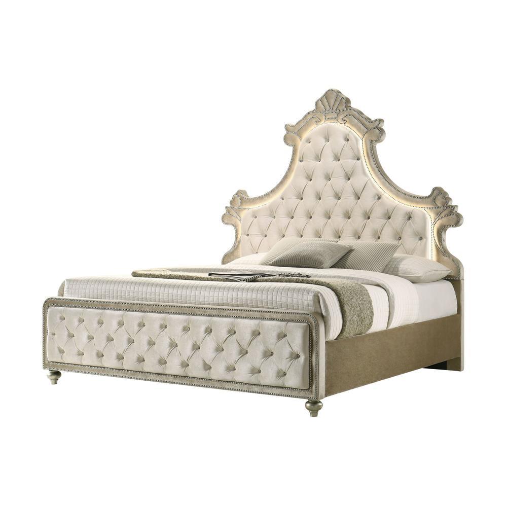 Beige Velvet Queen Bed with Tufted Headboard and LED