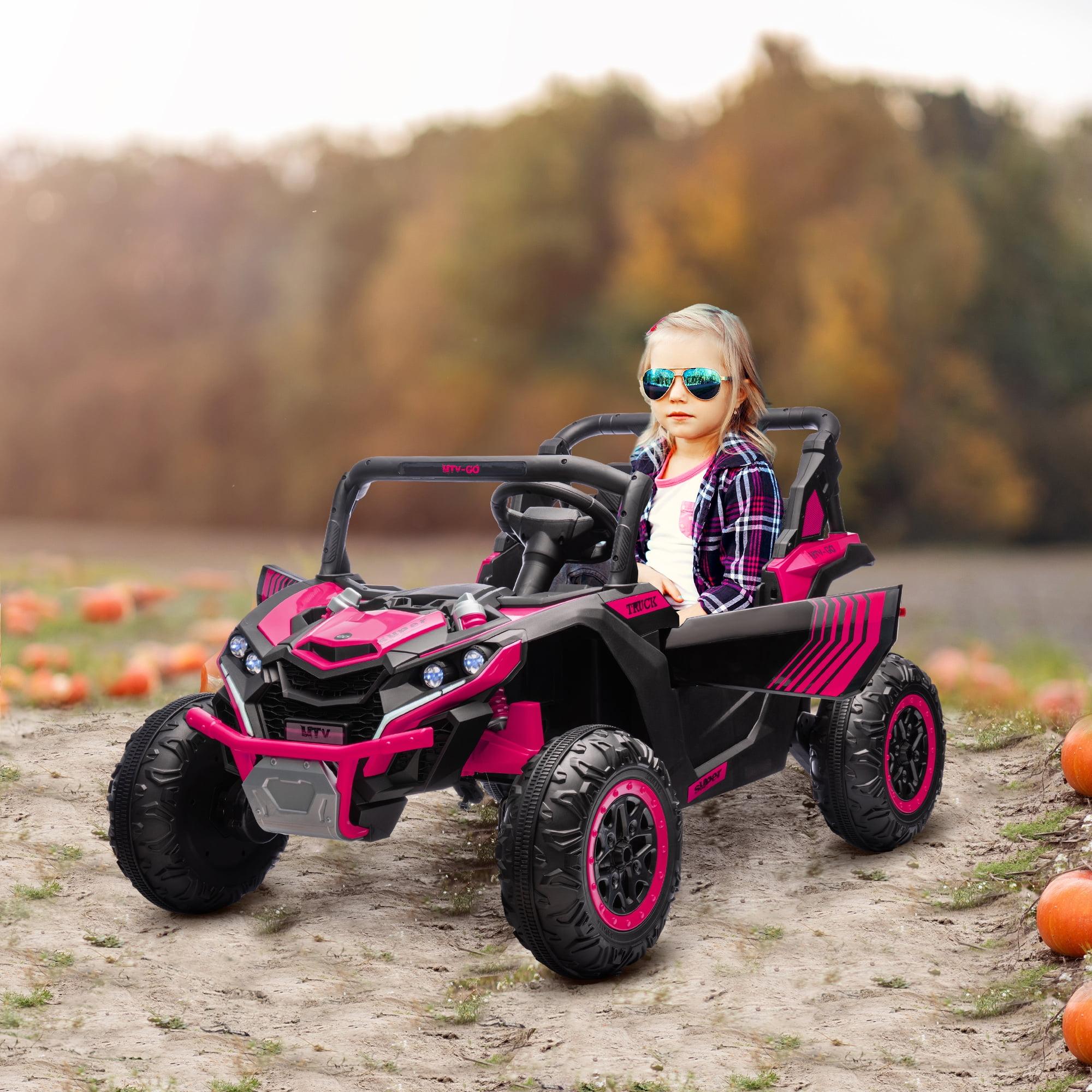 Qaba 24V 7AH Ride on Car, 2 Seater 4 MPH Ride on UTV Battery Powered Toy Car with 4 Shock Absorbers, Music, Horn, LED Lights for 3-8 Years, Pink