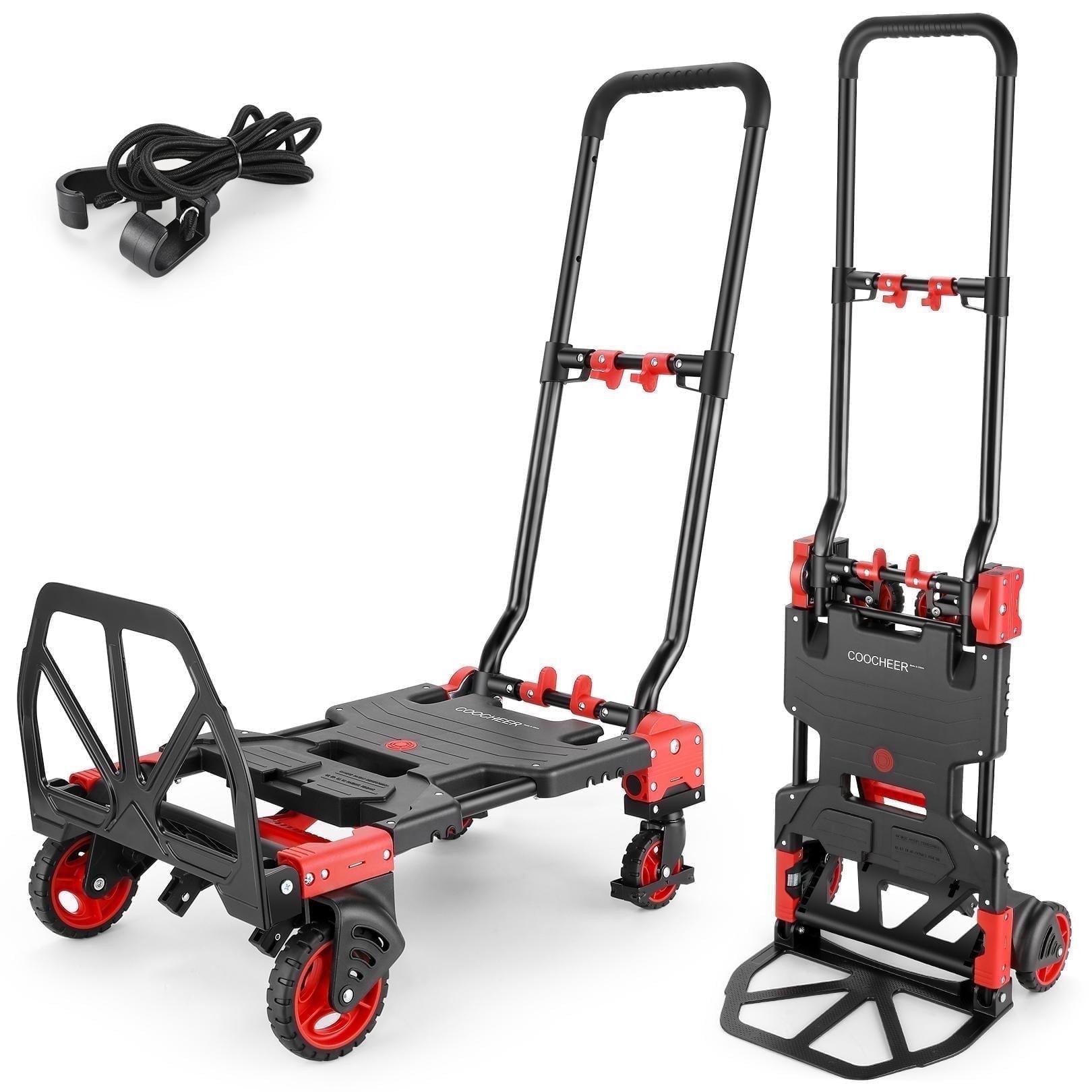 Qhomic 2 in 1 Folded Hand Truck with 4 Wheels, Heavy Duty Hand Cart Max Load 330LB, Dolly with Retractable Handle for Travel, Luggage, Shopping, Moving Use