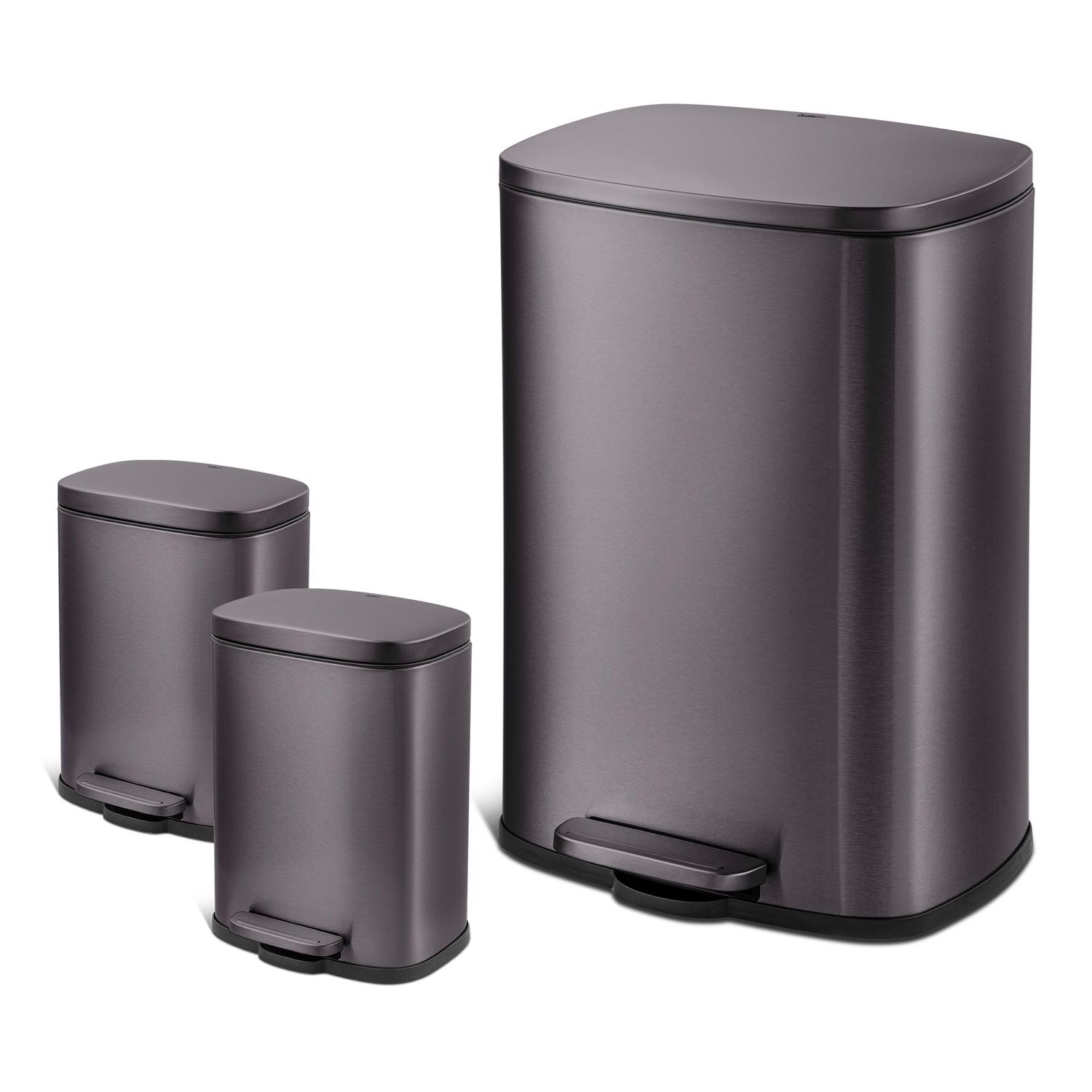 Qualiazero 13.2 gal Rectangular Step Trash Can, Plus Two 1.3 gal Trash Cans, Black Stainless Steel