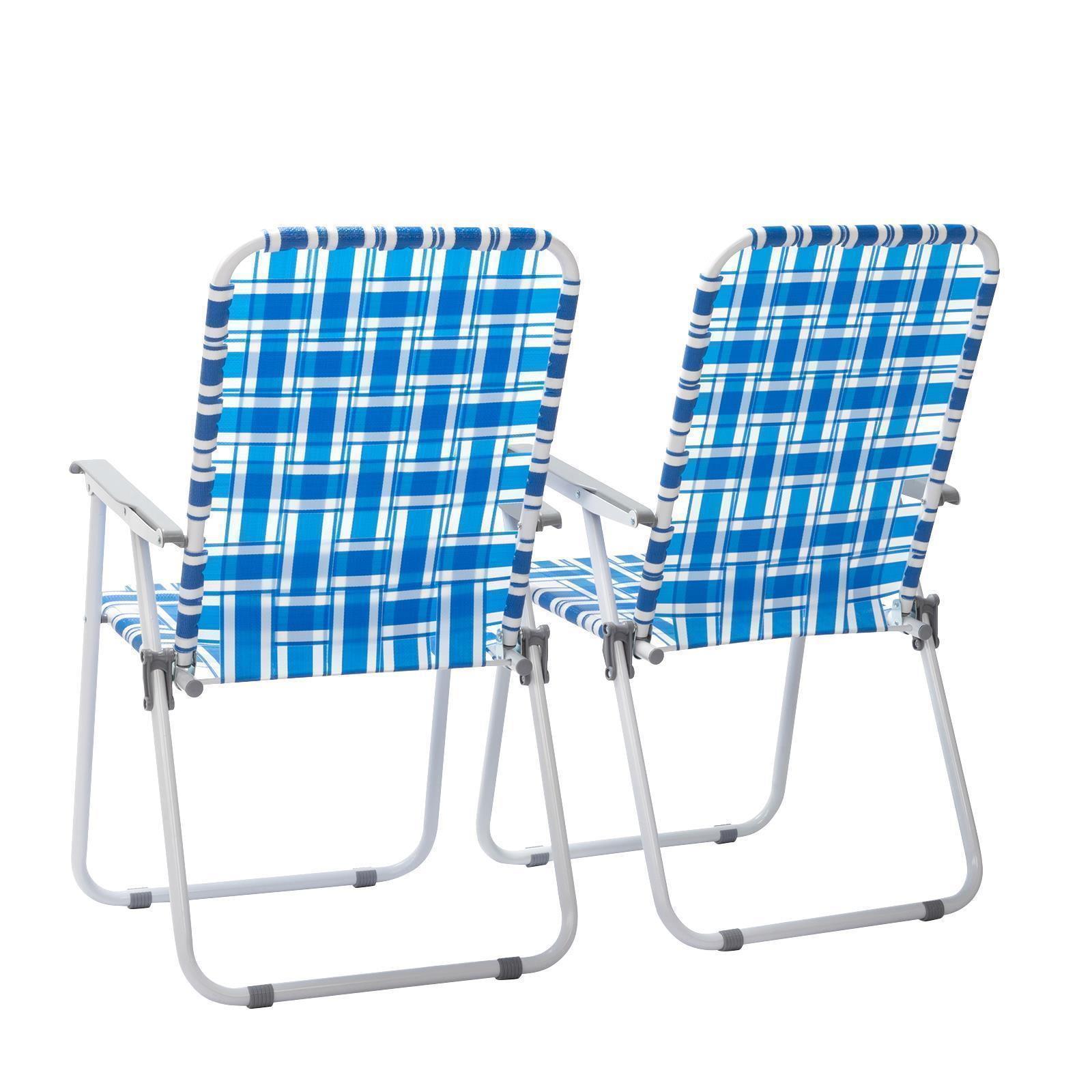 Set of 2 Blue Webbed Folding Camping Chairs with Arms