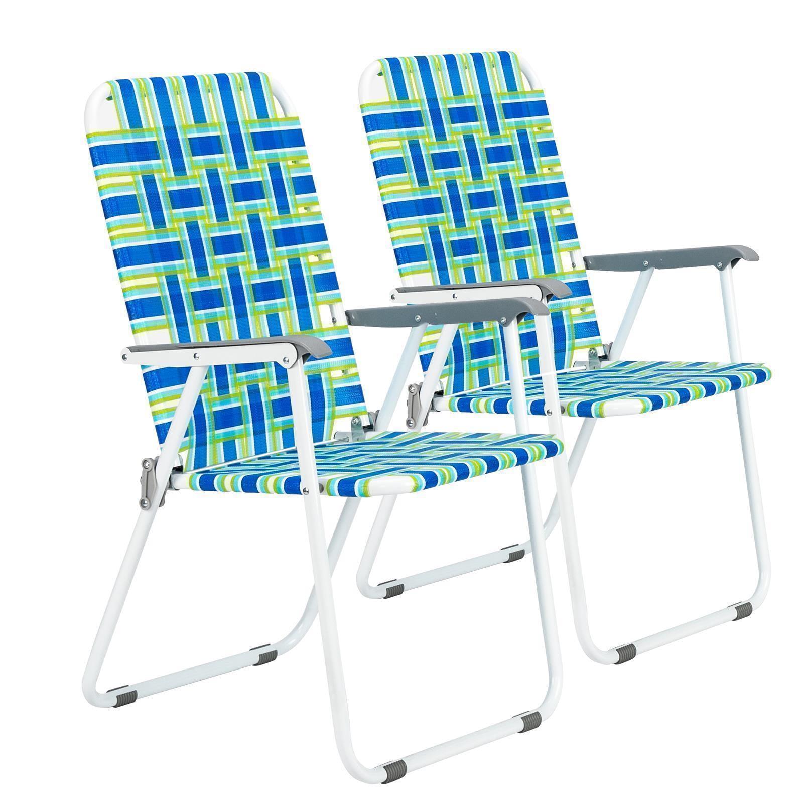 Set of 2 Blue Webbed Folding Camping Chairs with Arms