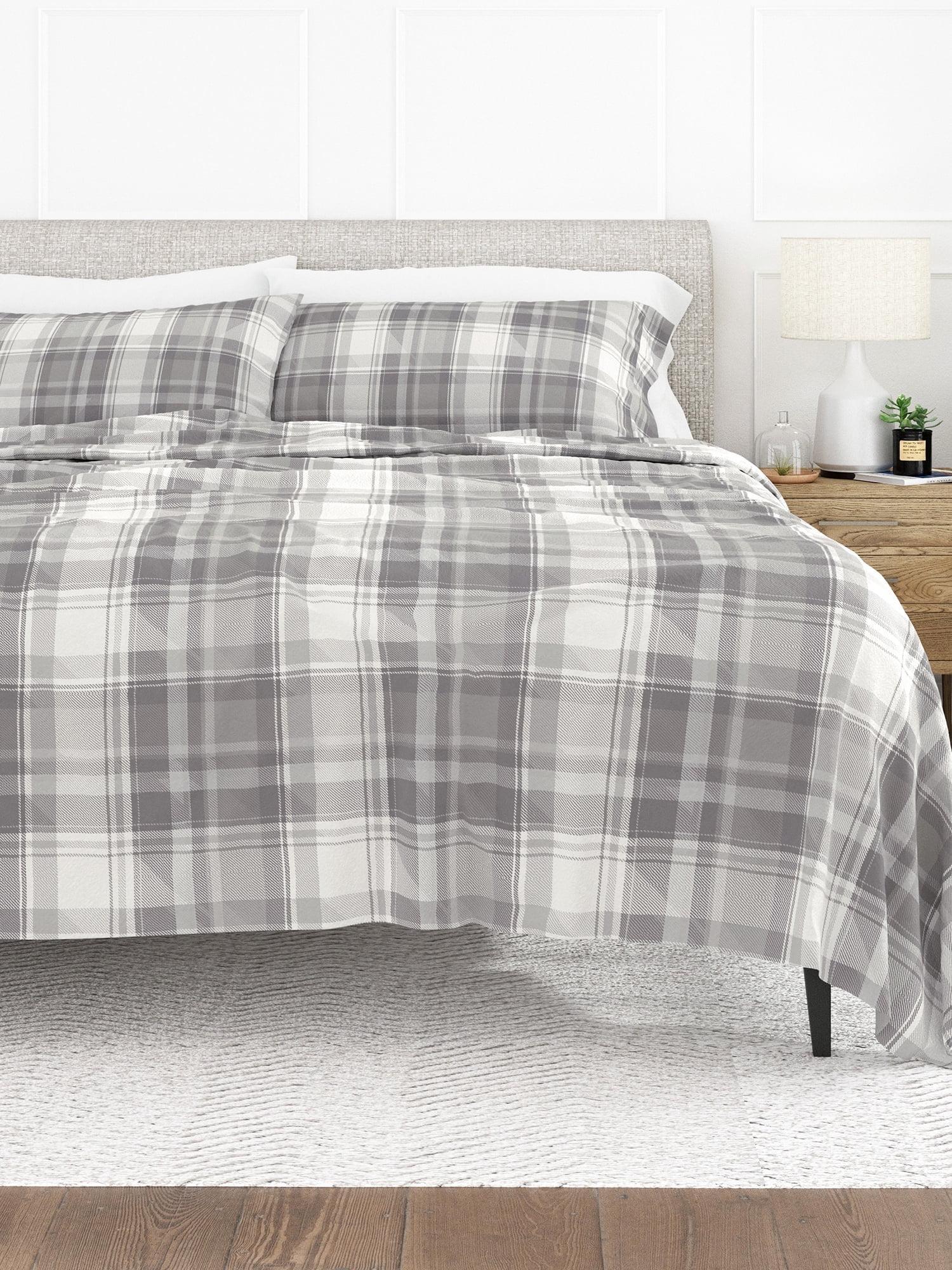 Light Grey Plaid 4 Piece 100% Cotton Flannel Deep Pocket Sheet Set, Queen, by Noble Linens