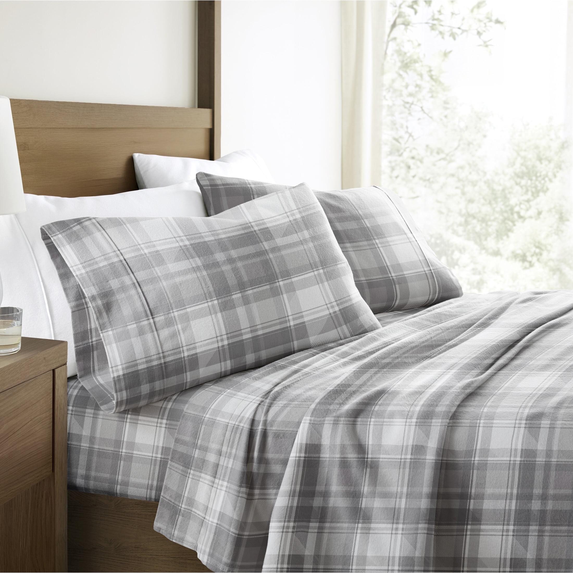 Light Grey Plaid 4 Piece 100% Cotton Flannel Deep Pocket Sheet Set, Queen, by Noble Linens