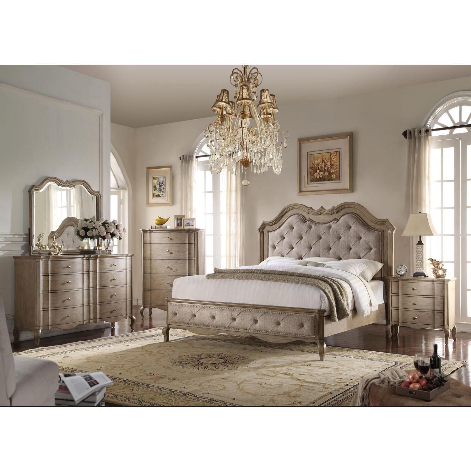Elegant Beige Fabric Queen Bed with Tufted Nailhead Upholstery