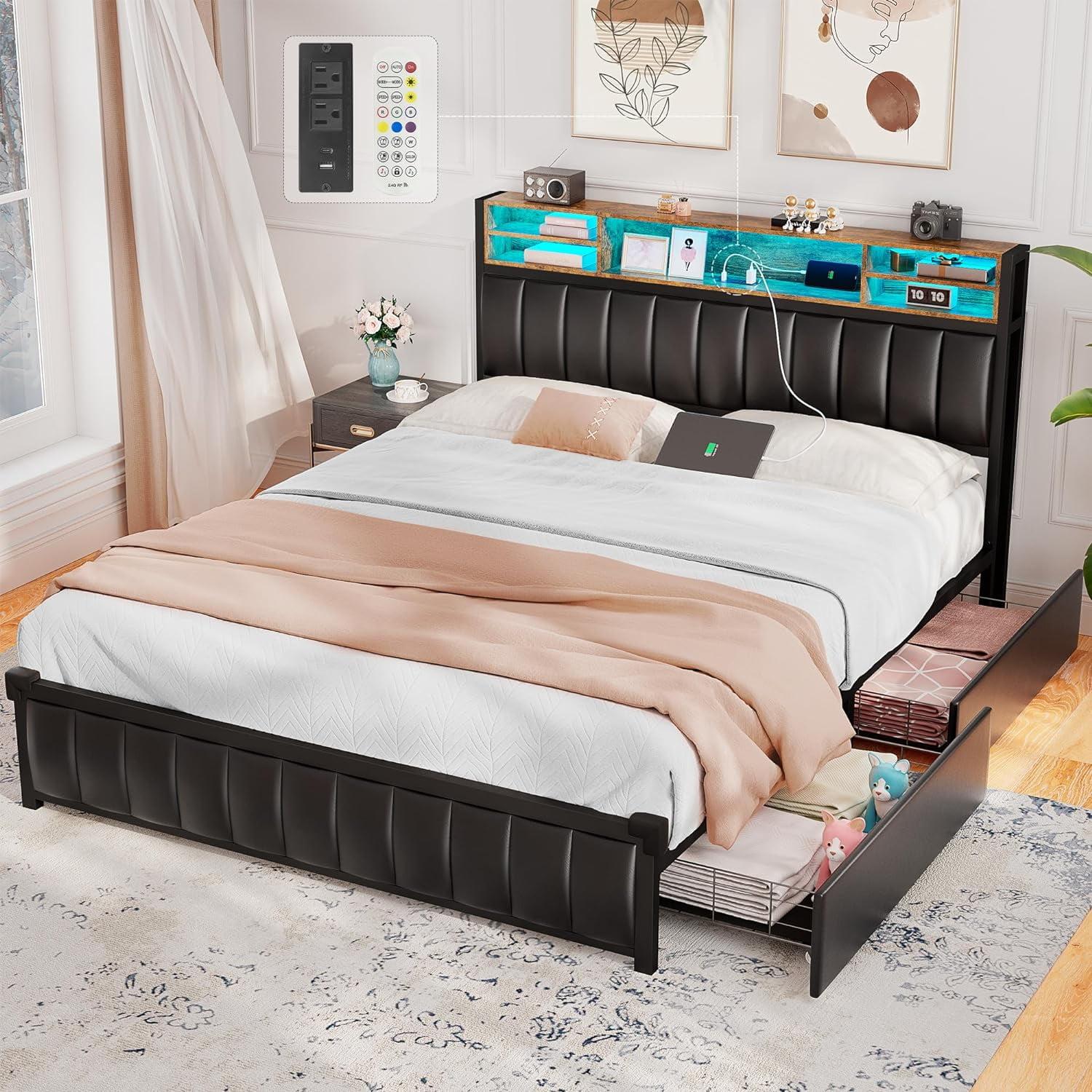 Ivy Bronx Kanchi Upholstered Metal Platform LED Bed Frame with 4 Storage Drawers and Bookcase Headboard, Black