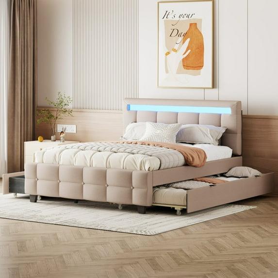 Queen Bed Frame with LED Light Headboard, Linen Fabric Upholstered Platform Bed with Twin XL Size Trundle and 2 Drawers, Storage Bed Frame with Strong Slats Support, No Spring Box Needed, Beige
