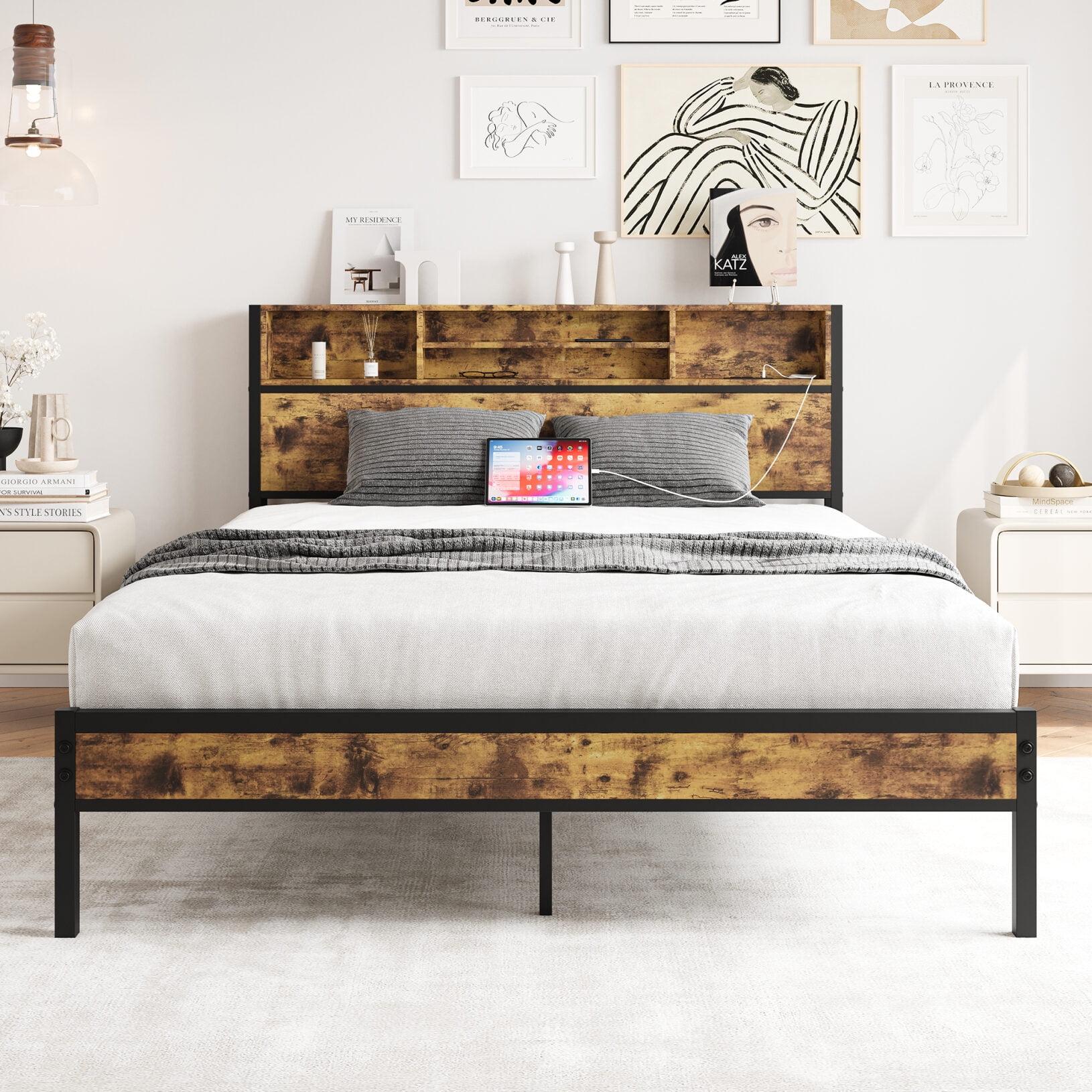 Queen Black Metal Frame Platform Bed with Storage Headboard and Charging Station