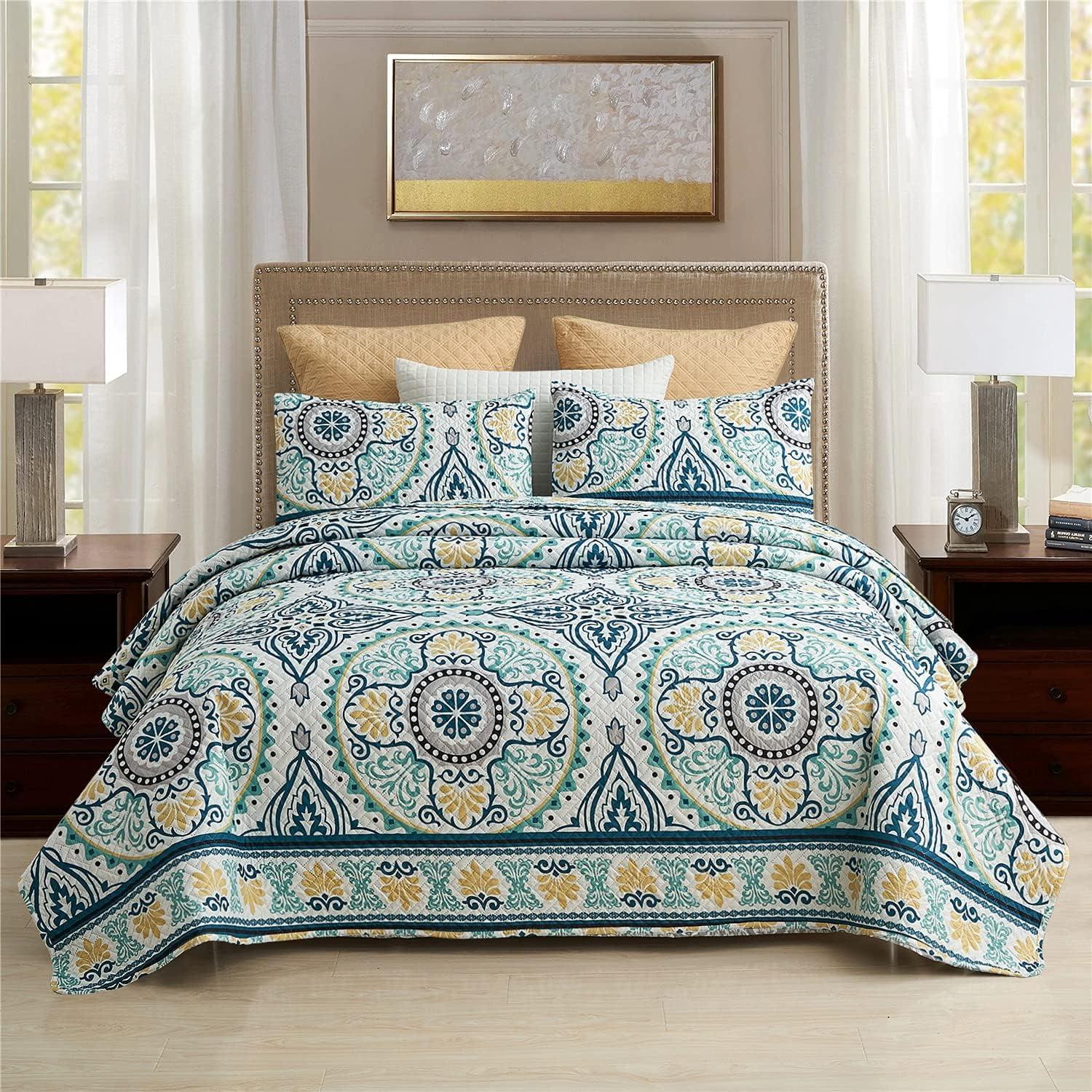 Quilt King Bedding Set (92"x 104"), 3 Piece King Size Quilt with 2 Pillow Shams, Reversible Floral Queen Bedspreads Spring Decor Summer Quilt King Size Bed Covers Coverlet for All Seasons