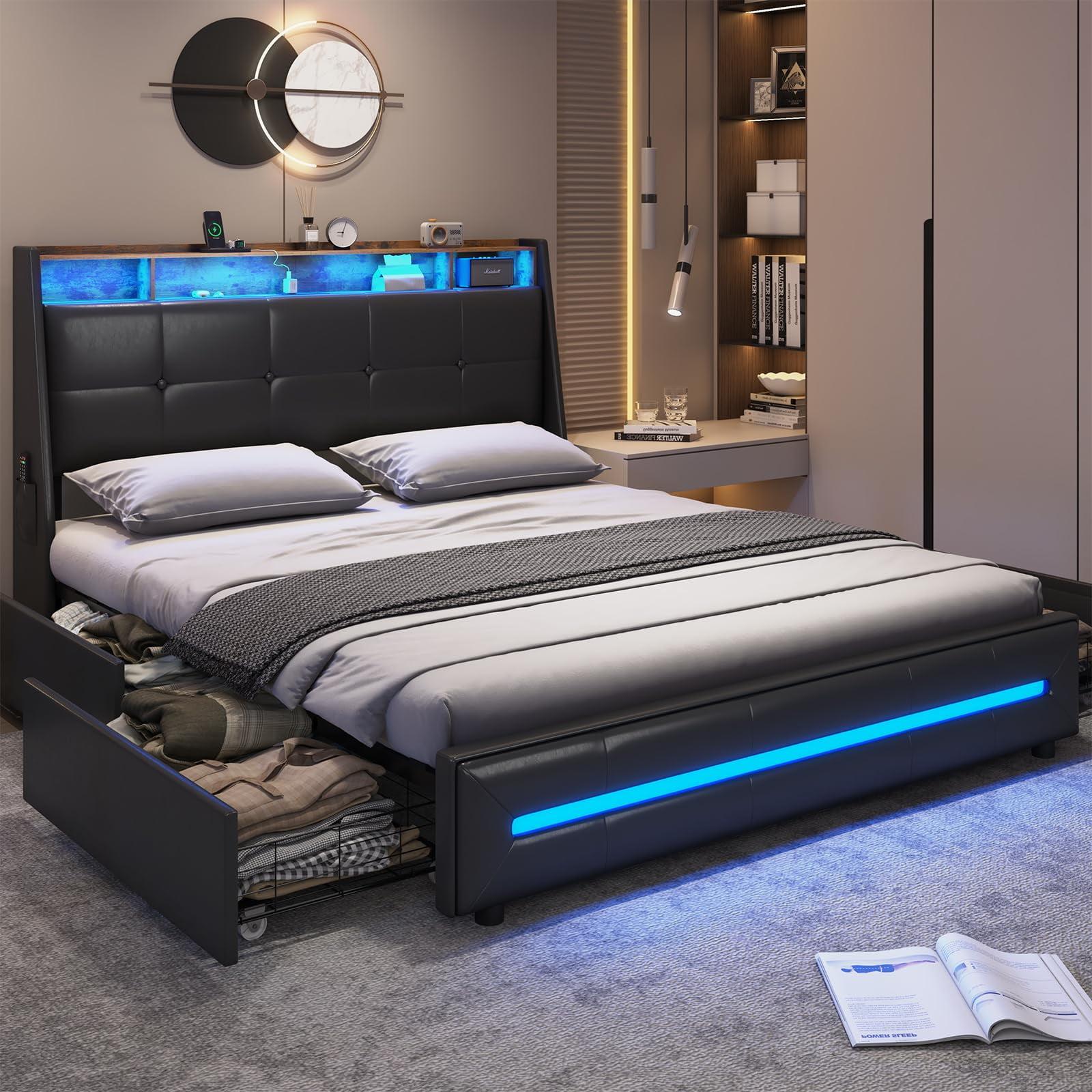 Queen Black Upholstered Bed Frame with LED Lights and Storage Drawers