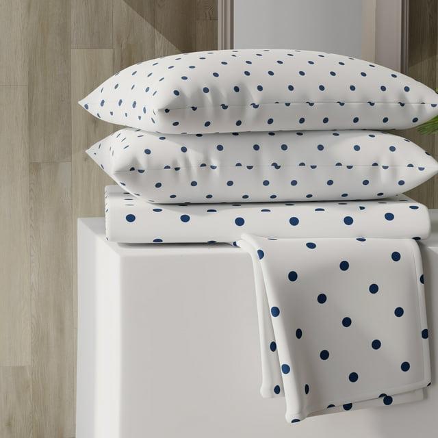 Color Sense Percale Weave Cool & Crisp Cotton Rich Sheet Set, Queen, Polka Dot Navy, 4 piece