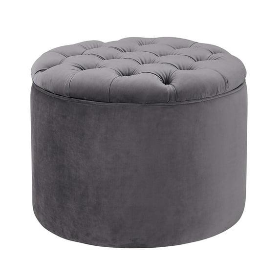 Contemporary Grey Velvet Tufted Round Storage Ottoman