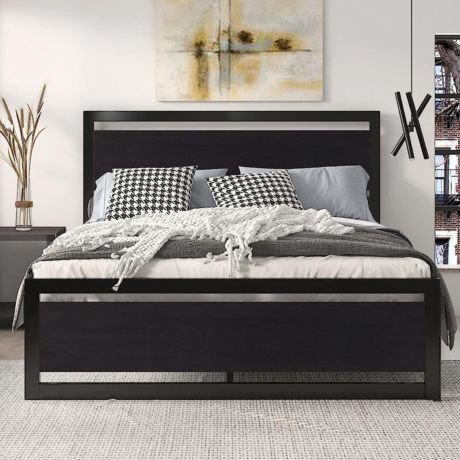 Queen Size Black Metal Bed Frame with Wooden Headboard