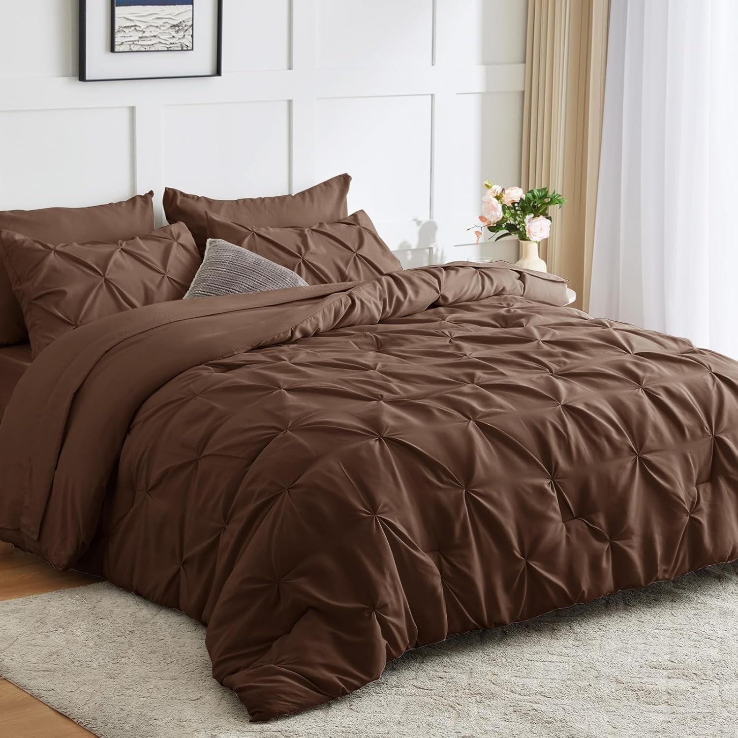 Queen Size Brown Comforter Set - 7 Piece Pintuck Bed in a Bag with All-Season Comforter, Pinch Pleat Bedding, Flat Sheet, Fitted Sheet, and Pillowcases & Shams