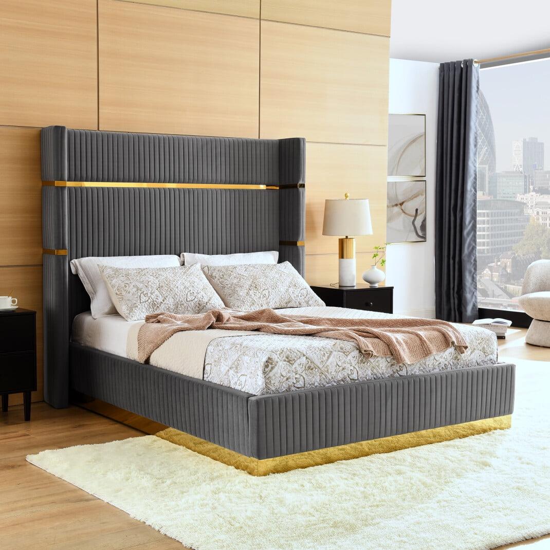 Queen Size Corduroy Upholstered Platform with 65" Tall Headboard, Comfy & Sturdy Bed Frame with Metal Frame, Iron Legs and 26pcs Slats Support, Weight Capacity 800lbs, Grey