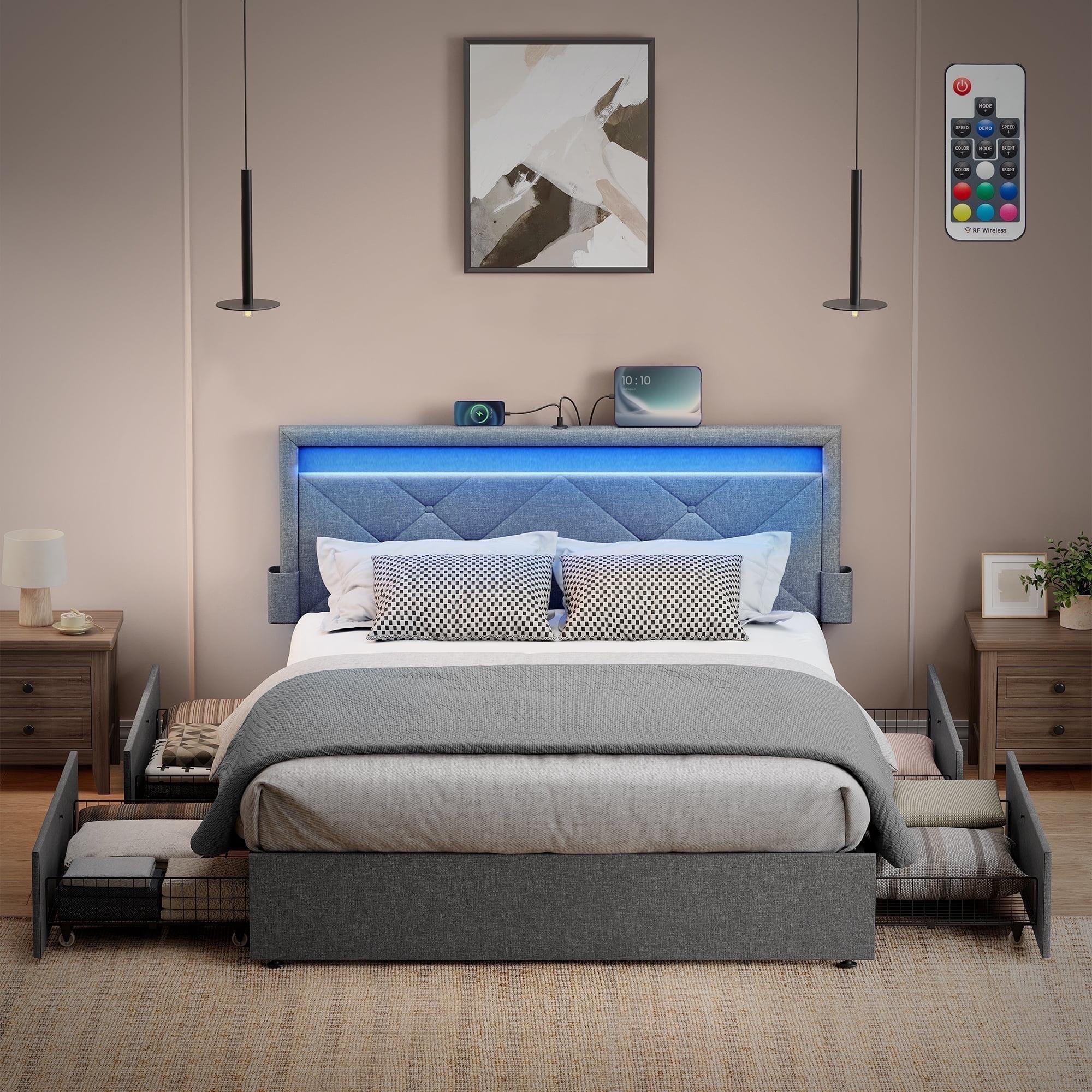 Queen Size LED Bed Frame with Headboard and 4 Drawers Storage Adjustable Upholstered Headboard 1 USB Port and 1 Type C PortNo Box Spring Needed Light Grey