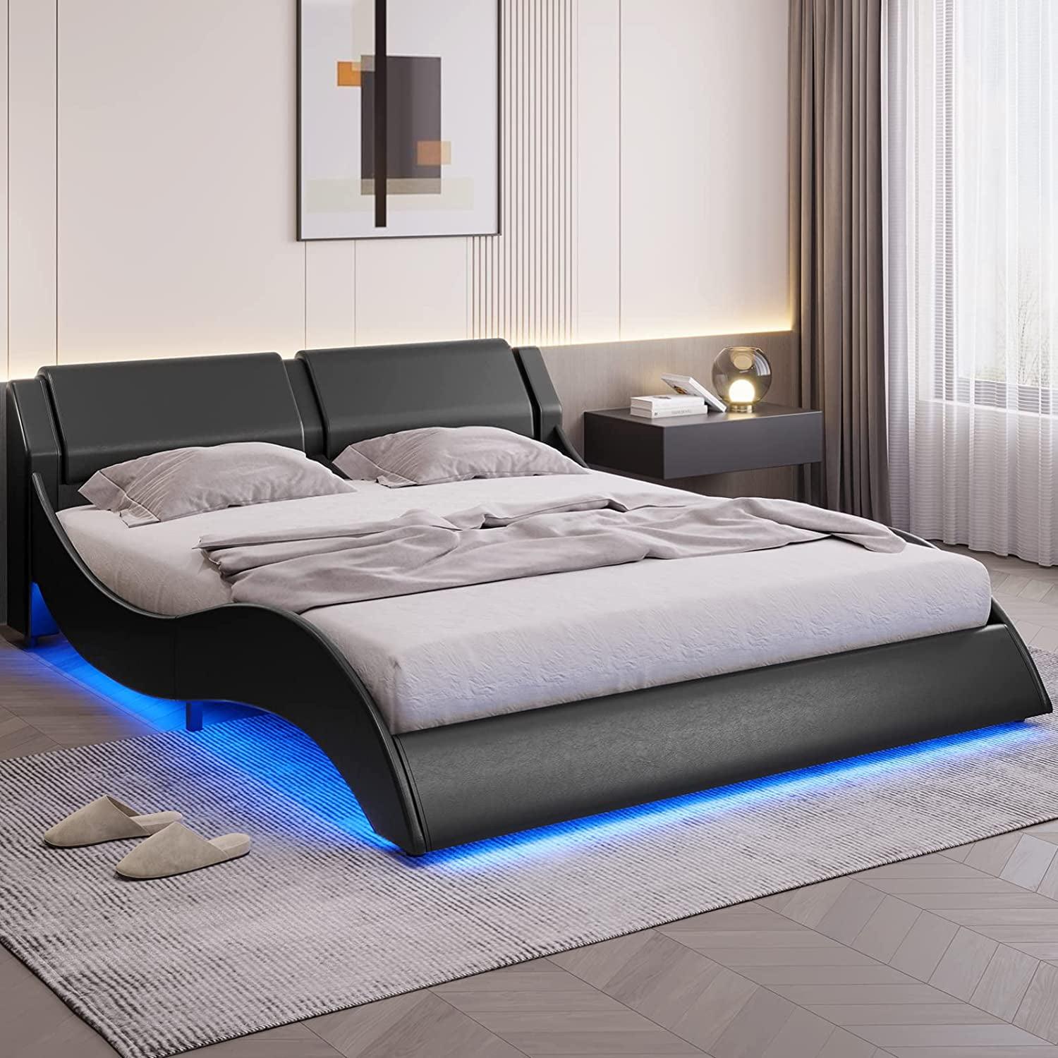 Queen Bed Frame Wave Like Curve Upholstered Platform Bed Frame with RGB Led Lights Underneath, Strong Wood Slats Support,Black