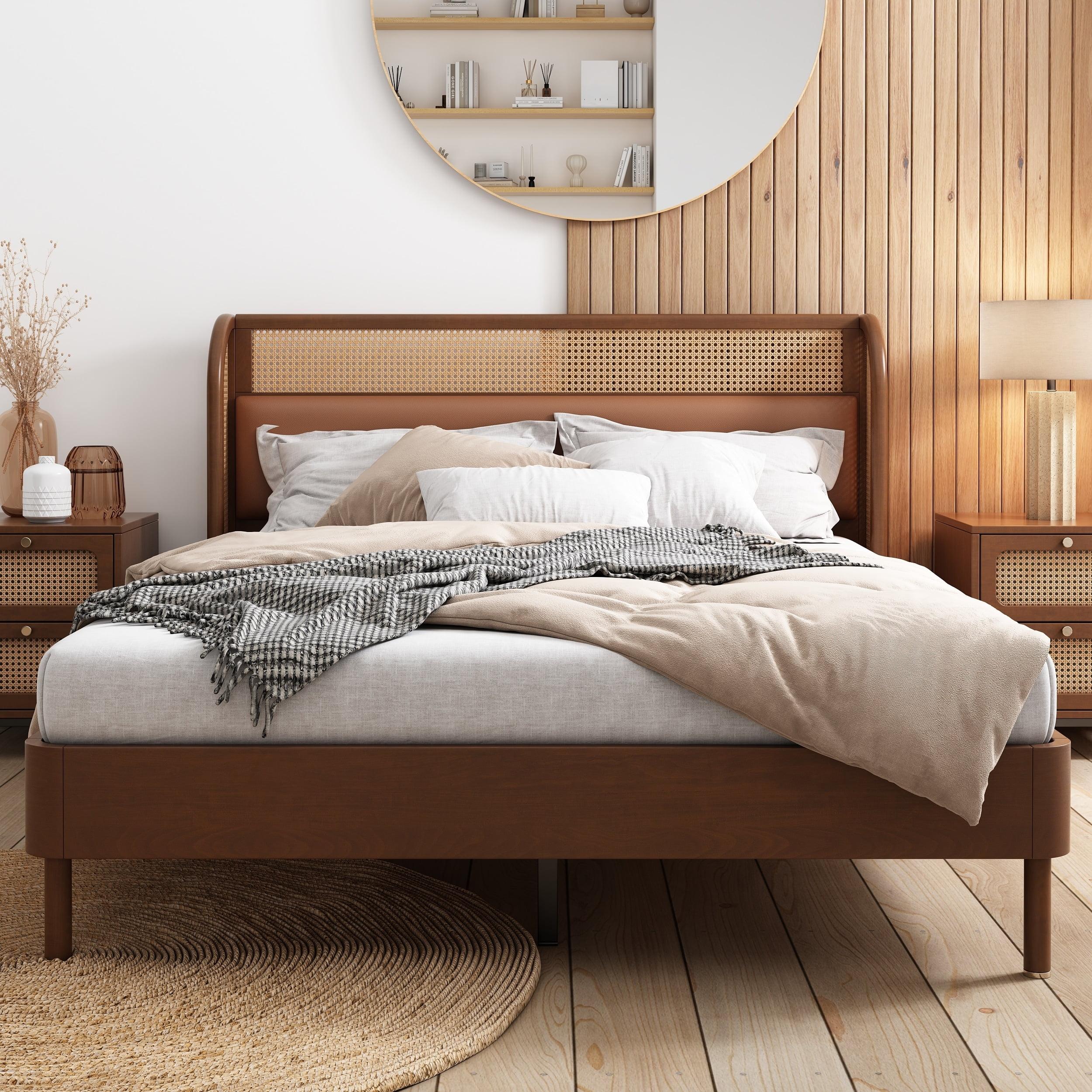 Queen Walnut Pine Wood Platform Bed with Rattan and Faux Leather Headboard