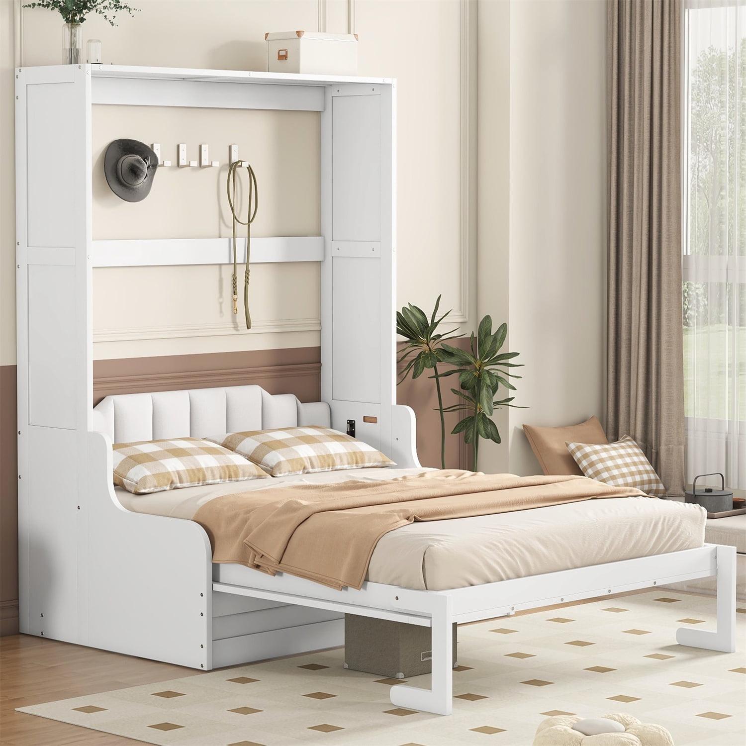 White Queen Size Murphy Bed with Cushion and Wood Frame