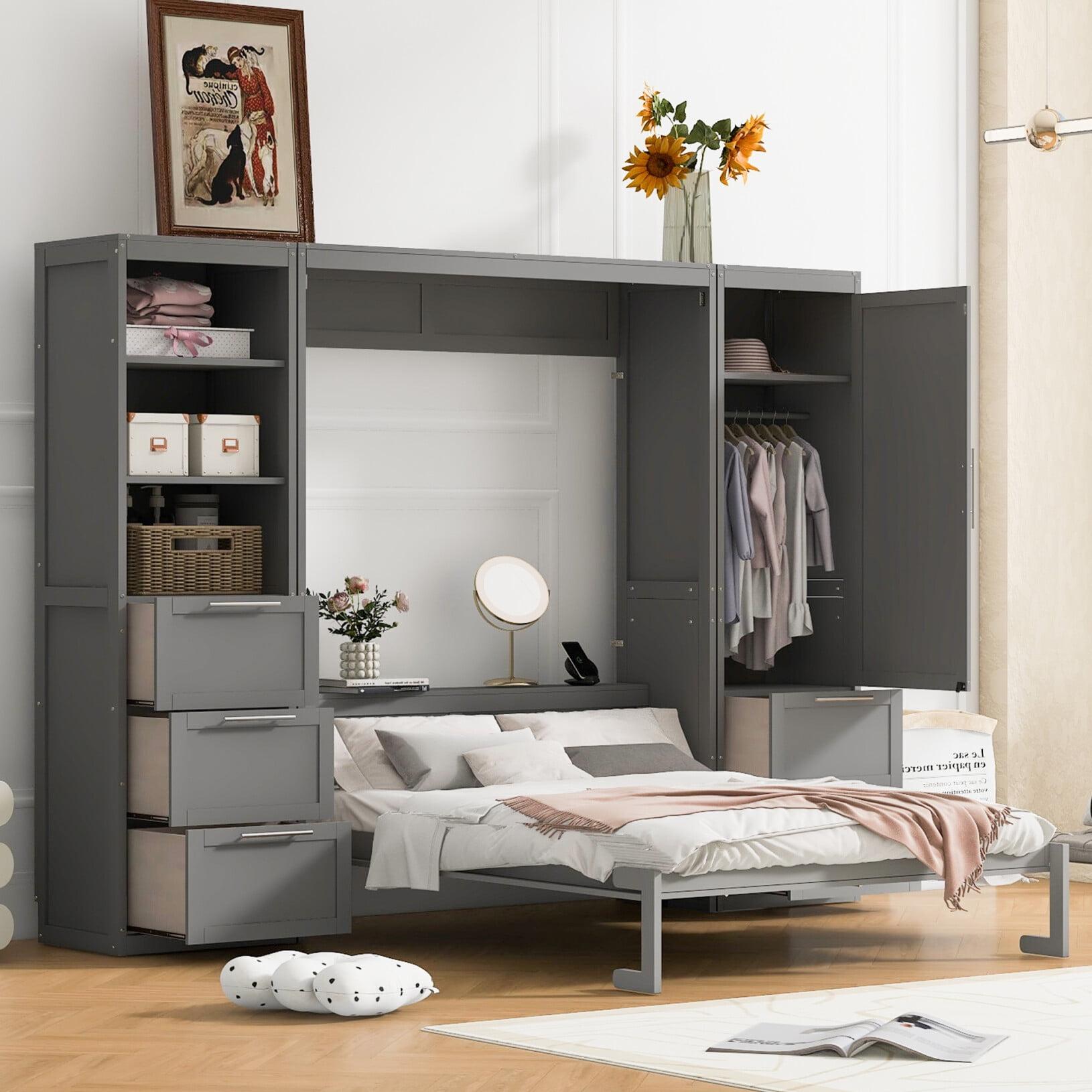 Gray Queen Size Murphy Bed with Closet and Storage Drawers