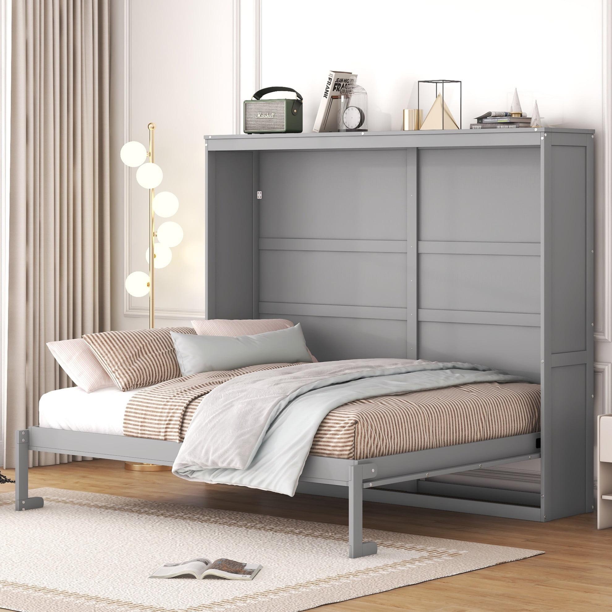 Queen Size Murphy Bed Chest,Farmhouse Murphy Wall Bed Cabinet Bed,Platform Bed for Guest Room Home Office,Space-Saving Design,Gray