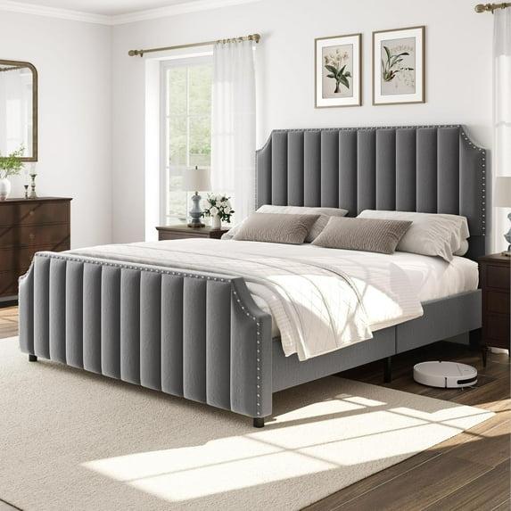Garvee Queen Velvet Bed Frame, 50.2" Upholstered Headboard, Footboard with Nailhead Trim, No Box Spring Needed, Solid Wood Slats, Noise Free, Beige