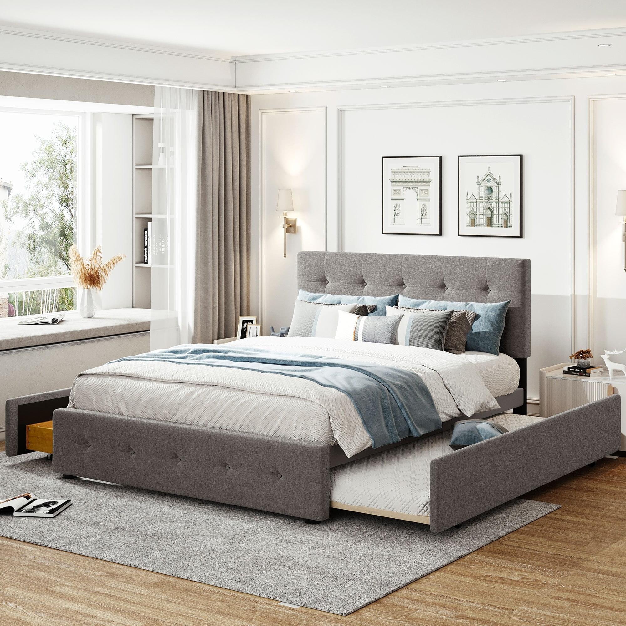 Queen Size Light Gray Upholstered Platform Bed with Drawers and Trundle