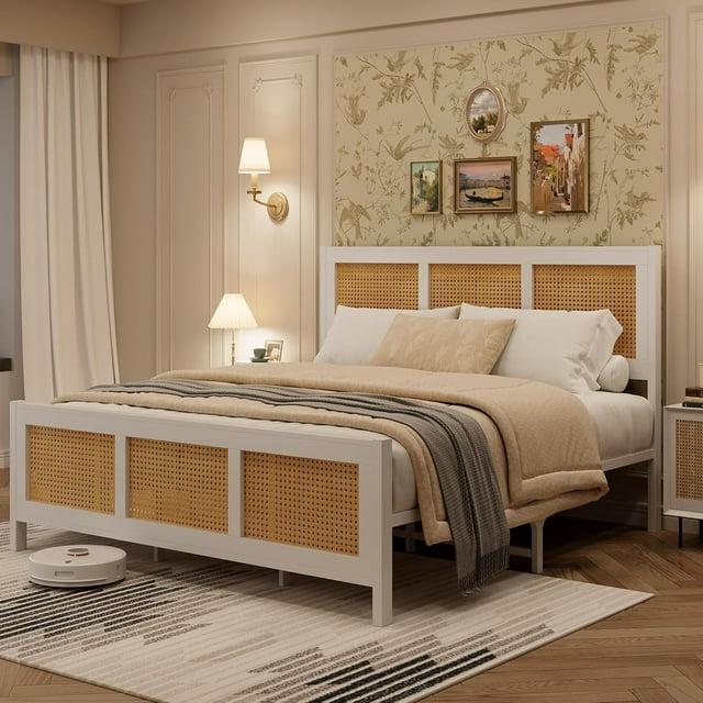 babevy Boho Cane Platform Bed Frame With Strong Metal Slat