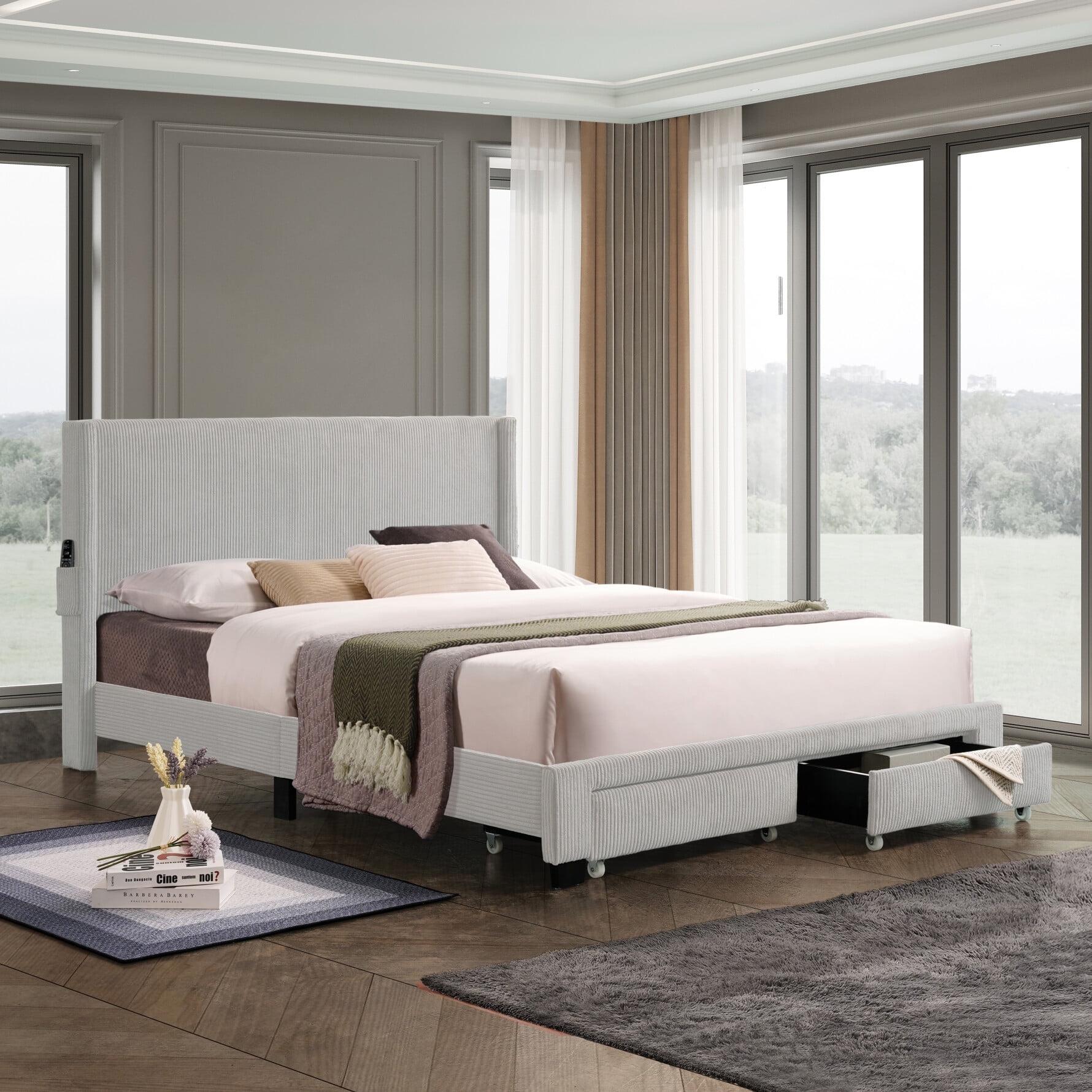 Queen Size Upholstered Bed, Upholstered Platform Bed Frame with Footboard Drawer Storage, Corduroy Velvet Upholstered Wingback Bed, Gray