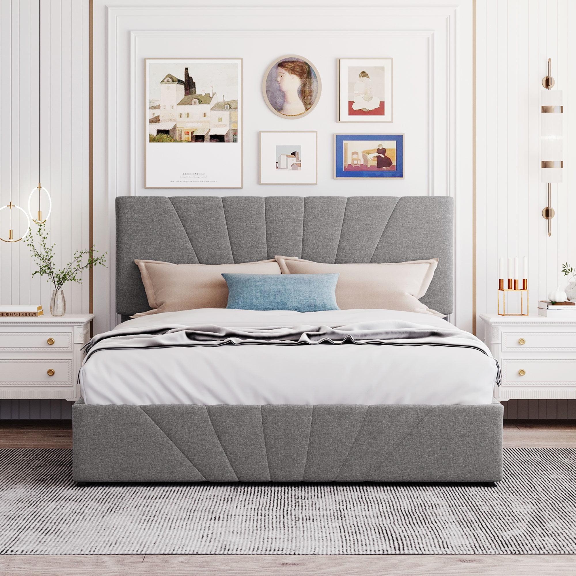 Gray Queen Upholstered Platform Bed with Hydraulic Storage