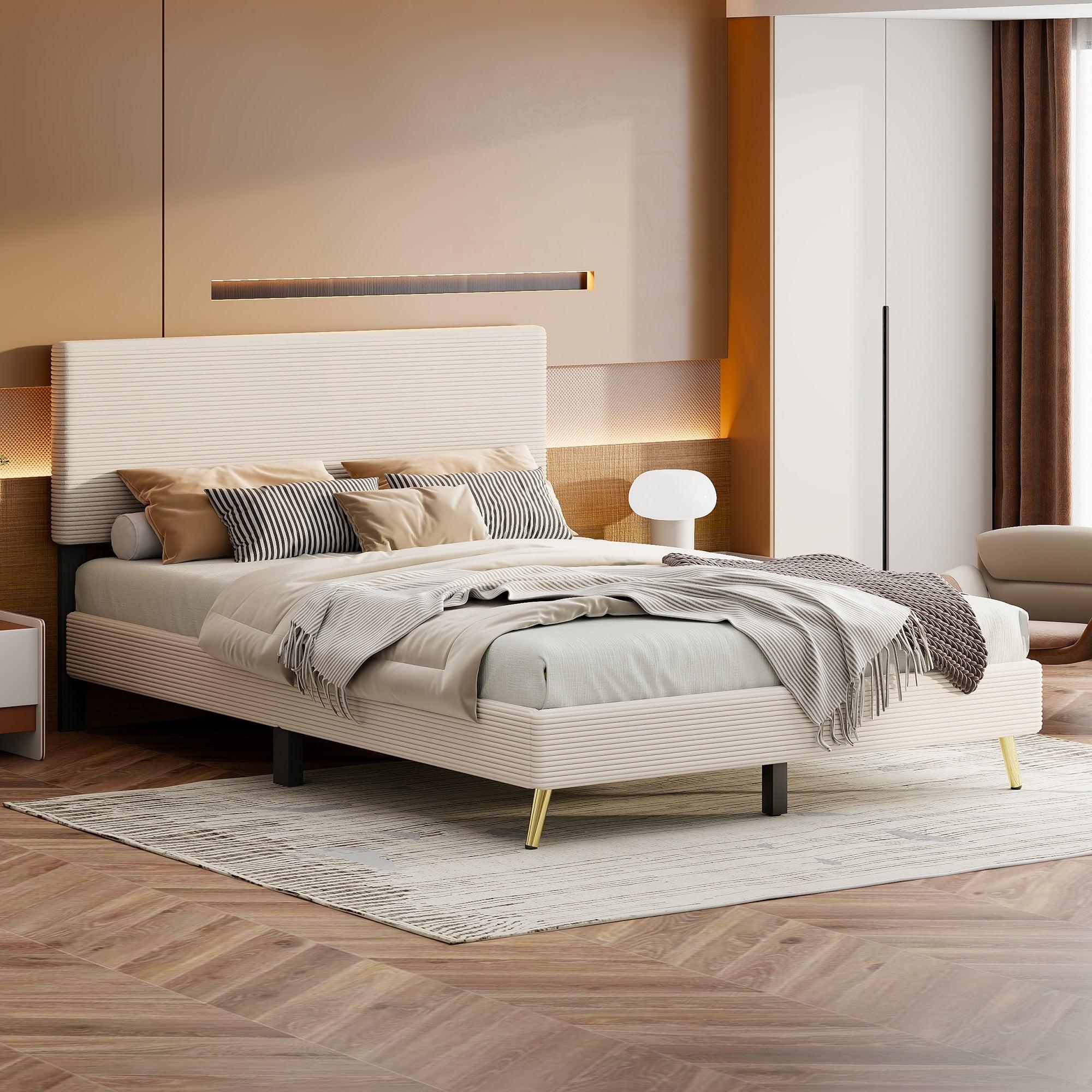 Queen Upholstered Platform Bed, Horizontal Stripe Bed, Corduroy Beige - Queen