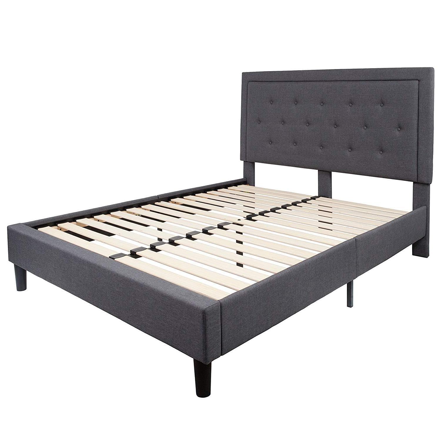 Modern Queen-Sized Upholstered Platform Bed with Tufted Headboard in Dark Gray