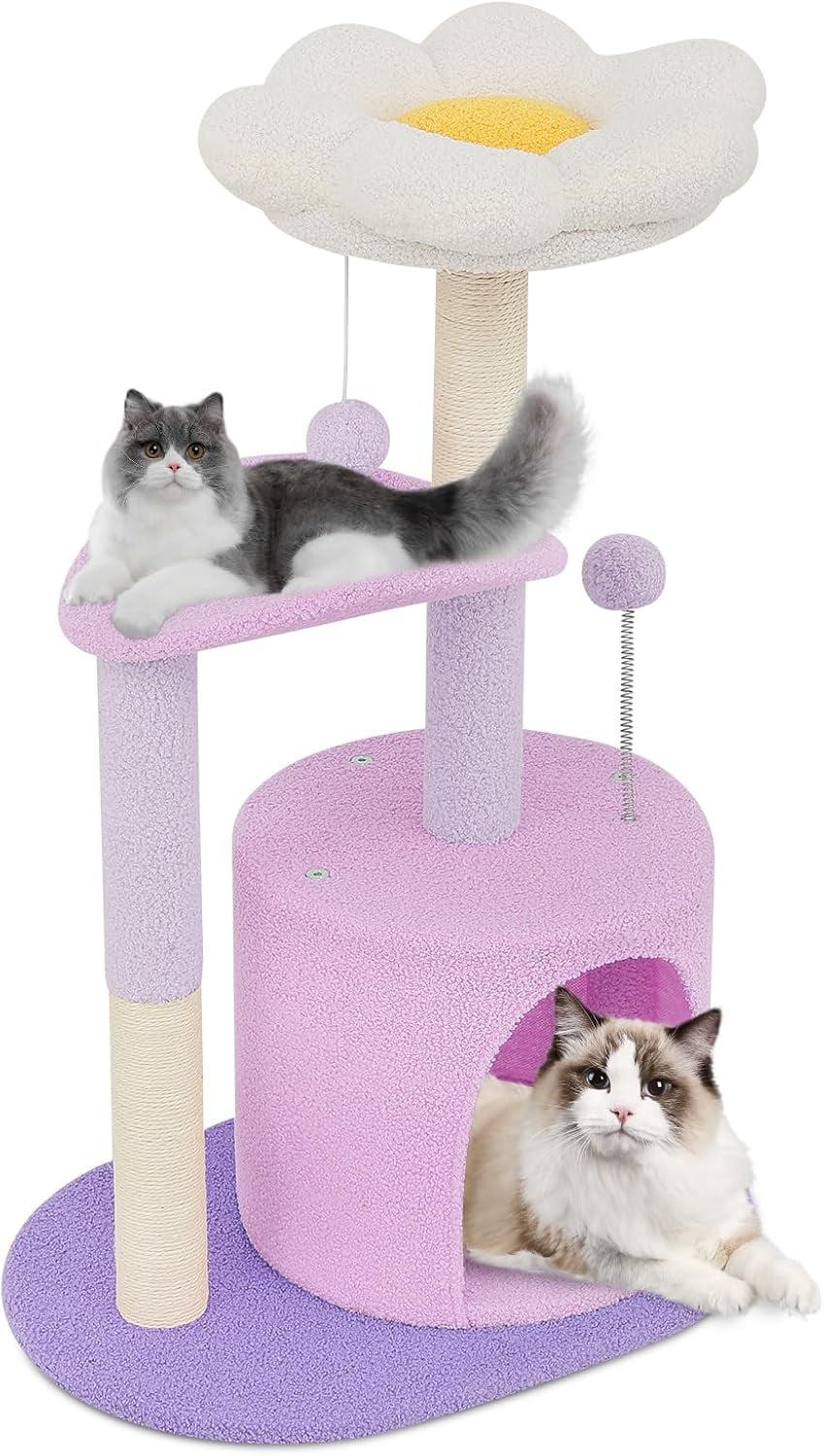 Ezelle Cat Tree Tower Cat Condo House with Sisal Scratching Posts, Flower Top Perch for Indoor Cats