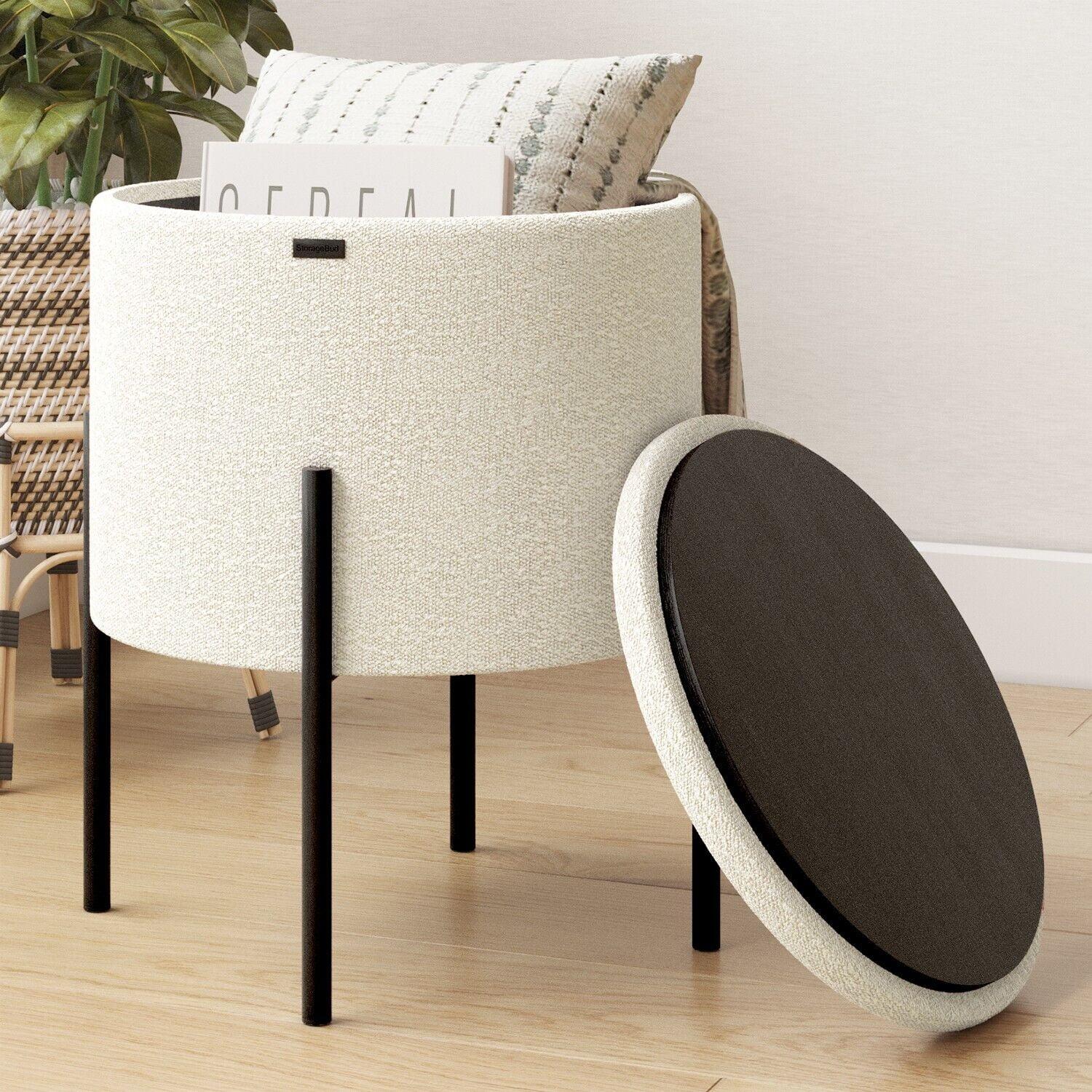 StorageBud Round Ottoman with Storage, Modern Boucle Storage Ottoman, Small Foot Stool Ottoman for Living Room and Bedroom, White