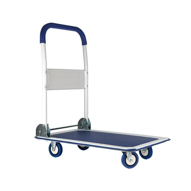 Heavy Duty Blue and White Foldable Platform Push Cart with Caster Wheels