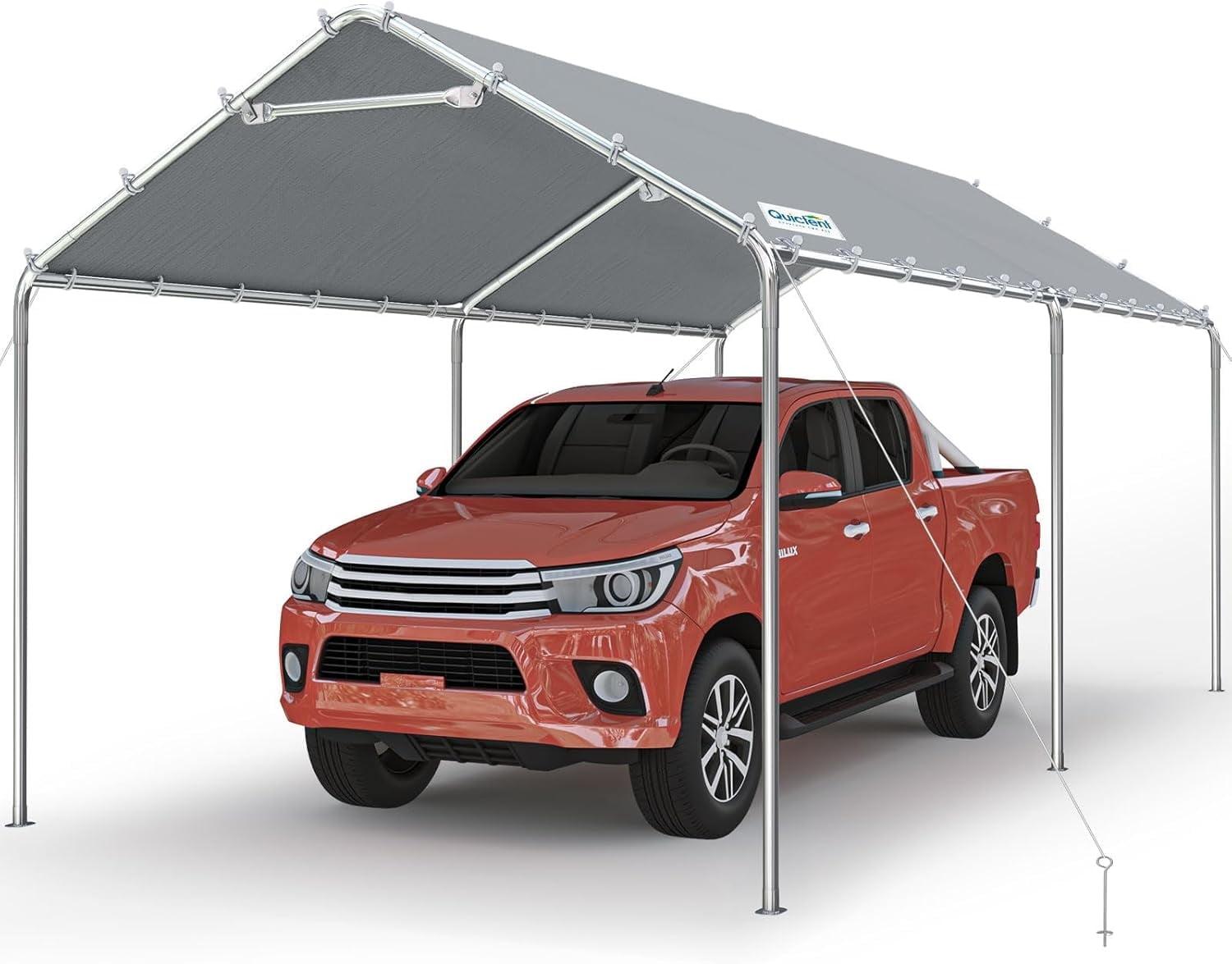 Quictent 10x20 ft Heavy Duty Carport Canopy Galvanized Car Tent Outdoor Garage Boat Shelter with Reinforced Structure, No Sidewall - Grey