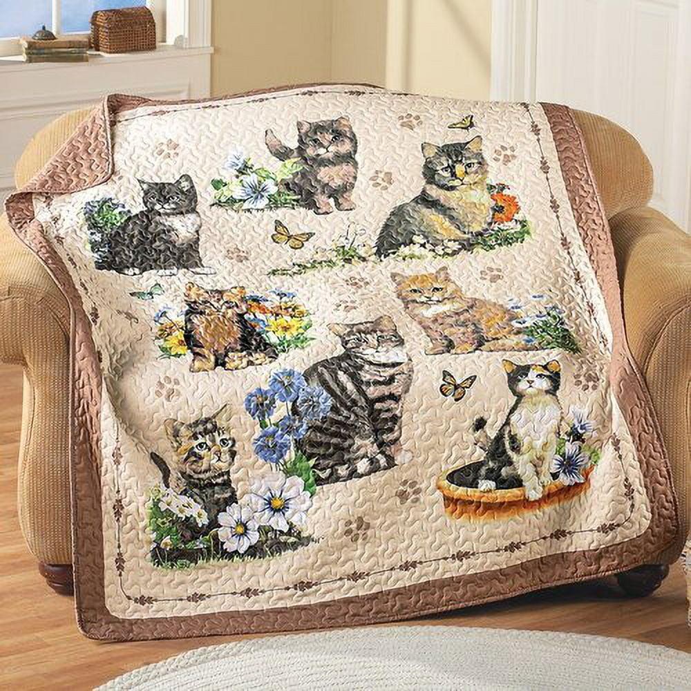 Charming Cat Collage Beige and Taupe Quilted Throw Blanket