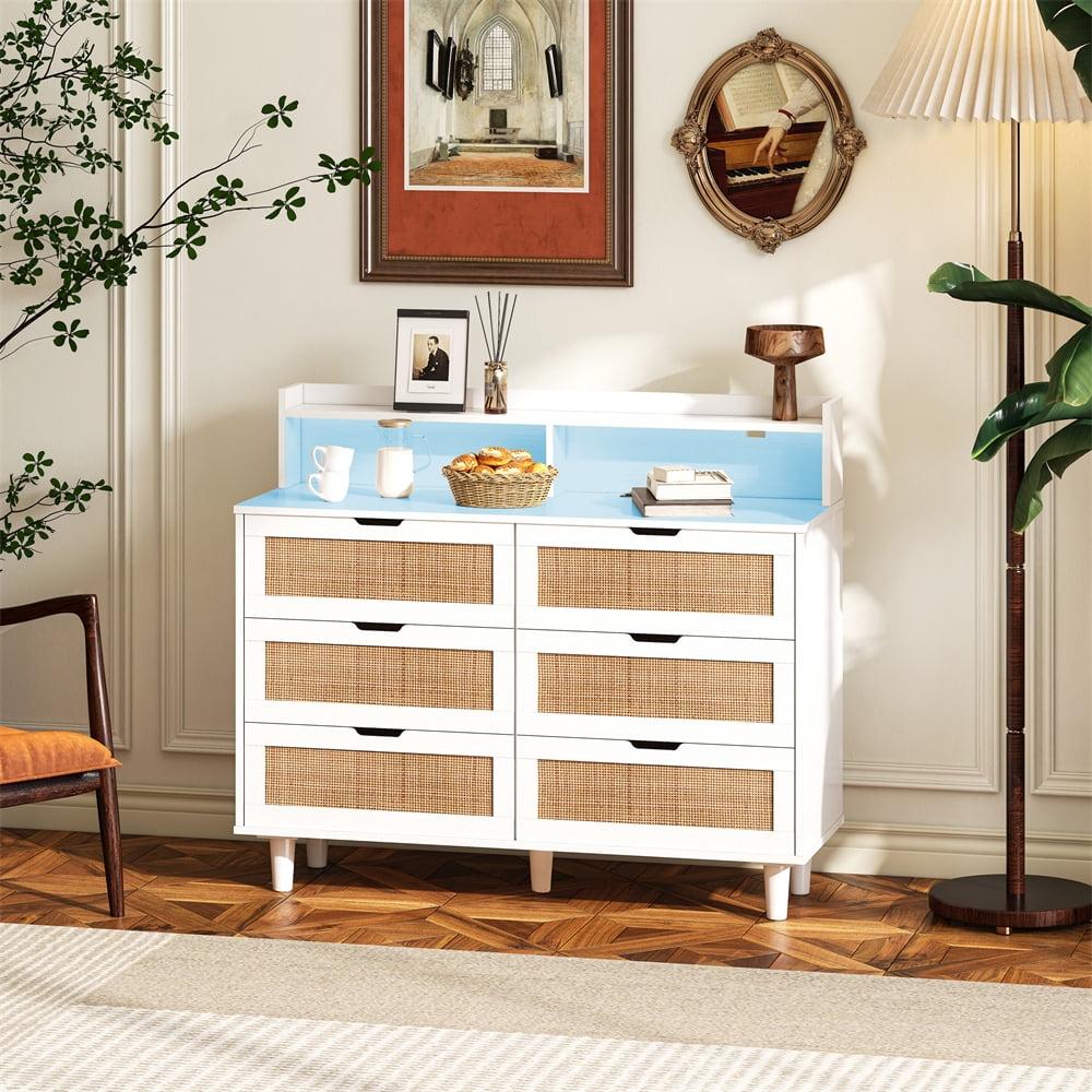 White Rattan 6-Drawer Dresser with LED Lights and Power Outlet