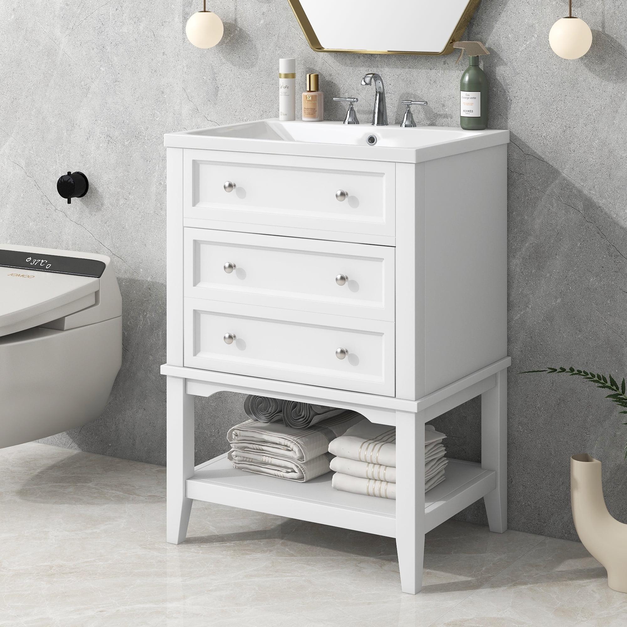 24" White Solid Wood Freestanding Bathroom Vanity with Ceramic Sink