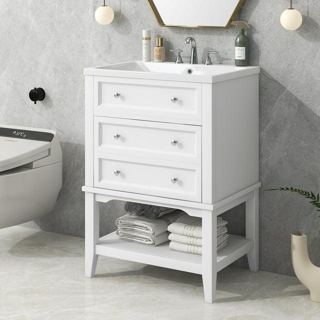 Qumbnk Bathroom Vanity with Sink, Solid Wood Frame Storage Cabinet with Drawer and Open Shelf, White