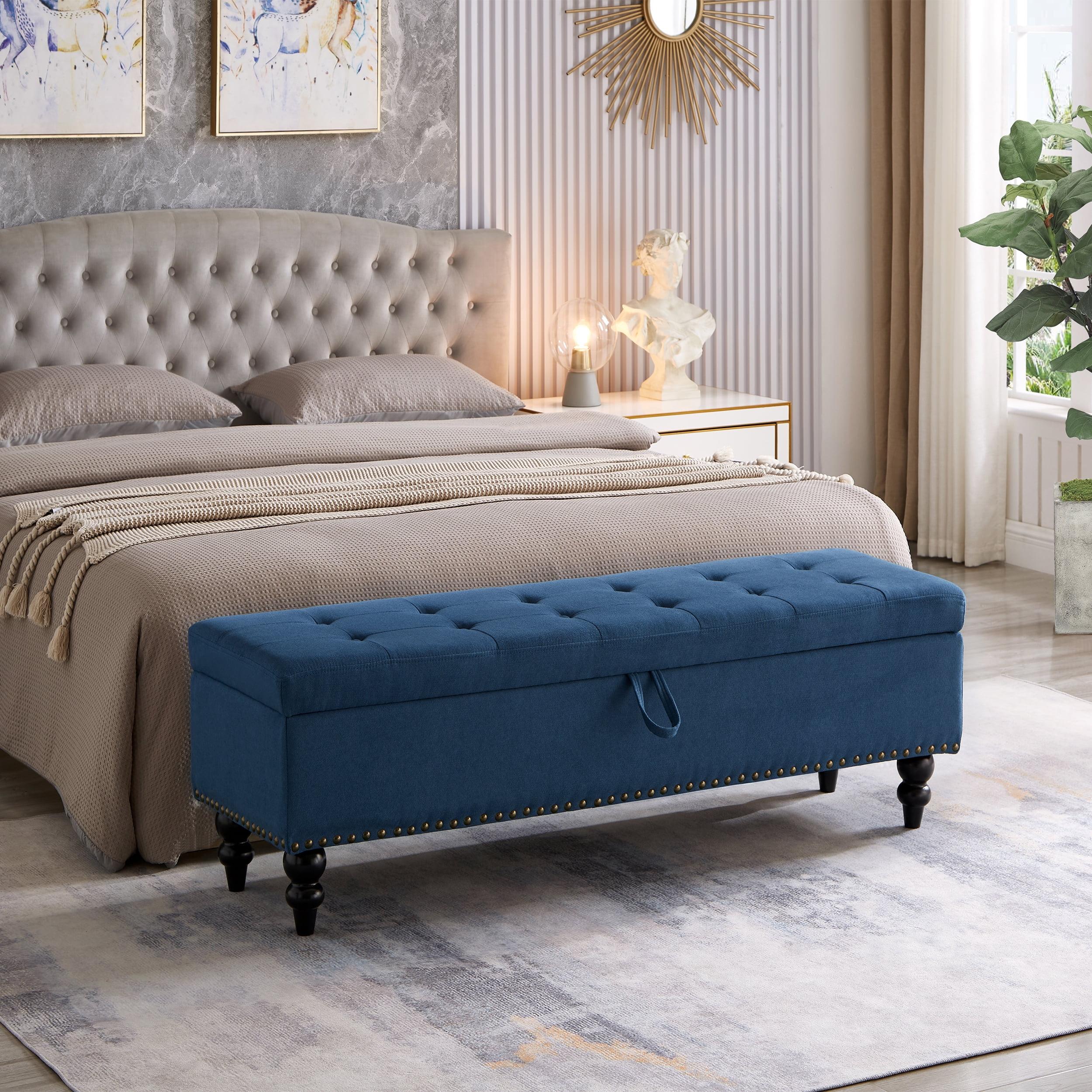 Blue Cotton Linen Upholstered Storage Bench with Dark Brown Wood Legs